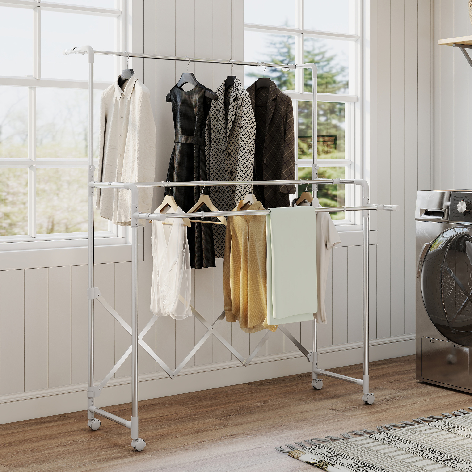 Wäscheständer, Faltbarer Standtrockner mit 3 verstellbaren Stangen, Edelstahl Turmwäscheständer auf Rollen, Wäscheturm Wäschetrockner für Innen und Außen