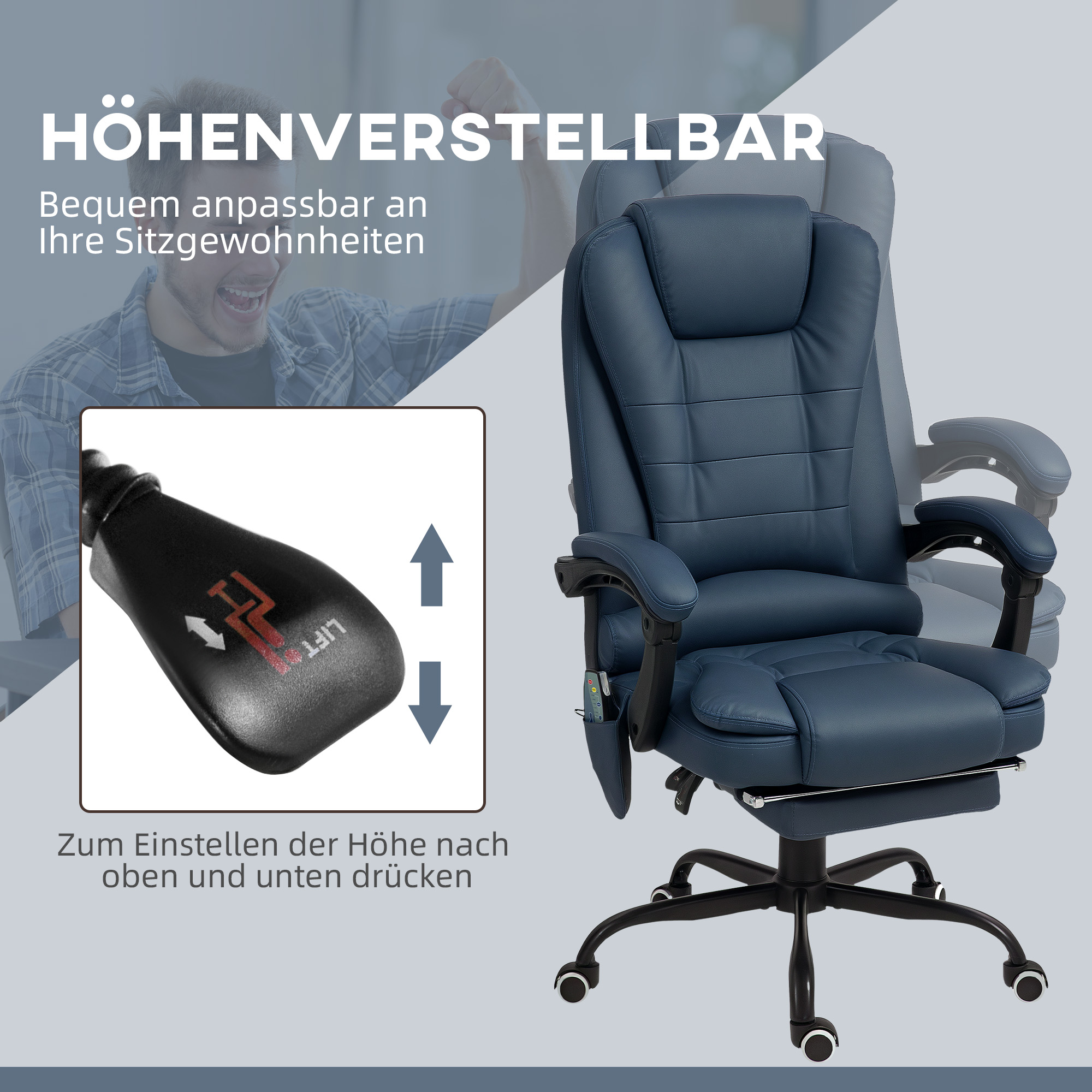 Massage-Bürostuhl, 7 Vibrationspunkte, verstellbare Fußstütze & Lehne, bis 120 kg, Lederoptik, Blau