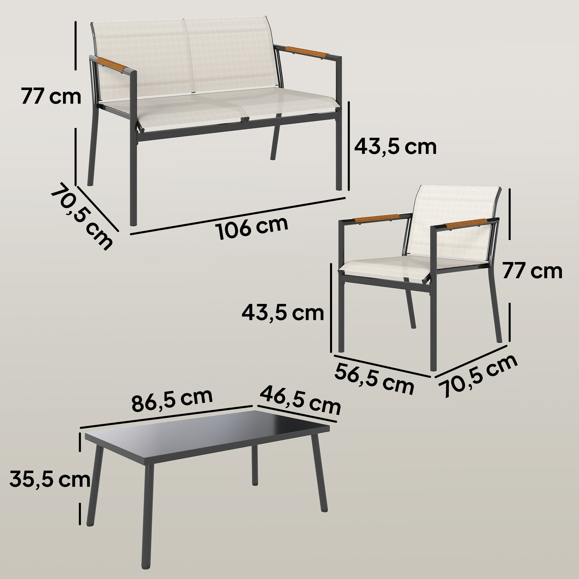 Gartenmöbel Set Sitzgruppe für 4 Personen Atmungsaktiv Gartenlounge mit 2er Sofa 2 Sessel Metall-Tisch Fußpads