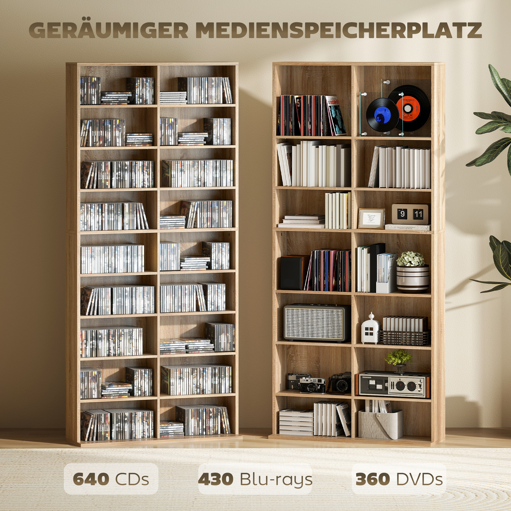 9-stufiges DVD-Regal mit 18 Fächern und 14 verstellbaren Einlegeböden, Platz für 640 CDs, 360 DVDs oder 430 Blu-rays, Naturholz