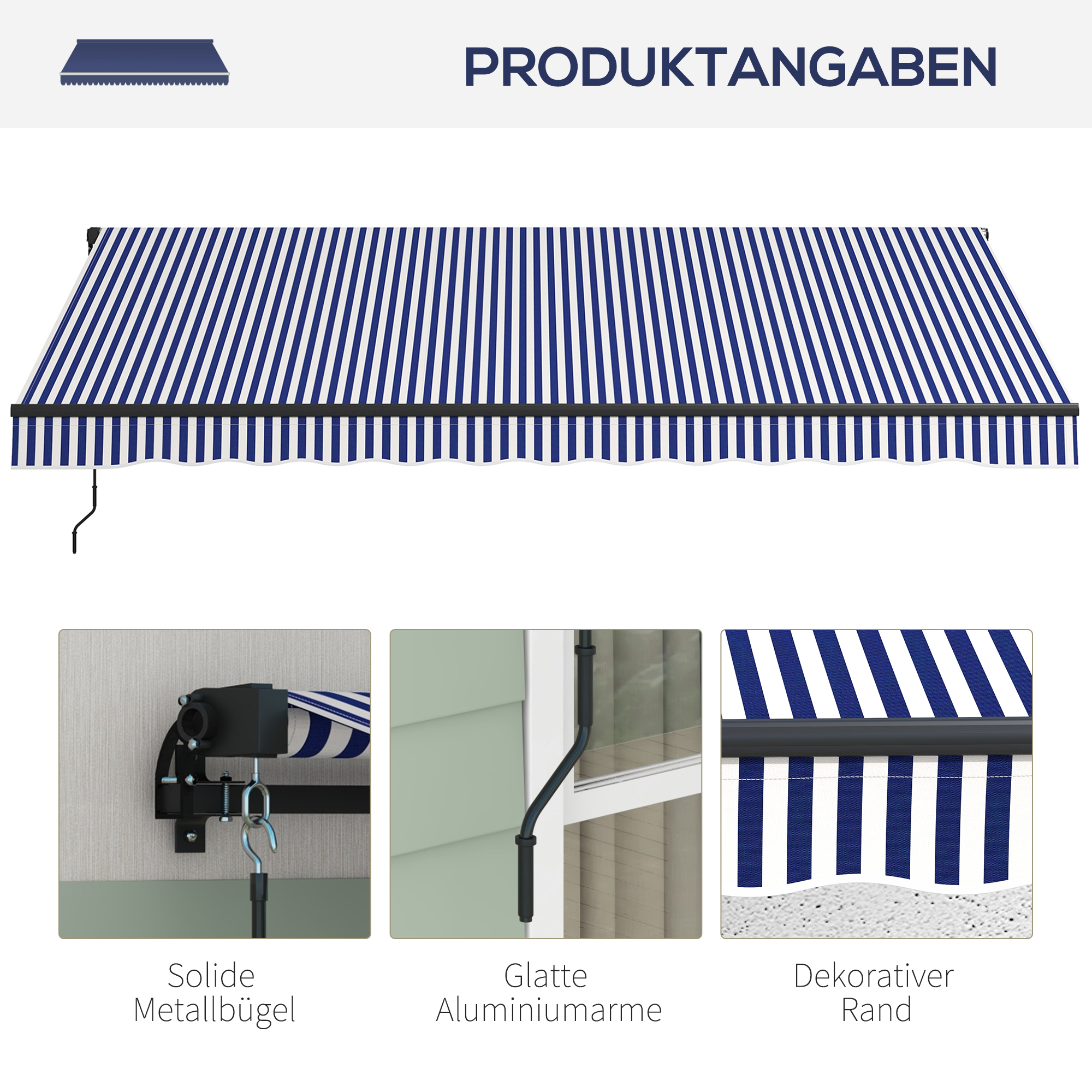 Sonnenmarkise Markise Terrassenmarkise, inkl. Handkurbel, wetterbeständig, 396 cm x 300 cm, Blau + Weiß