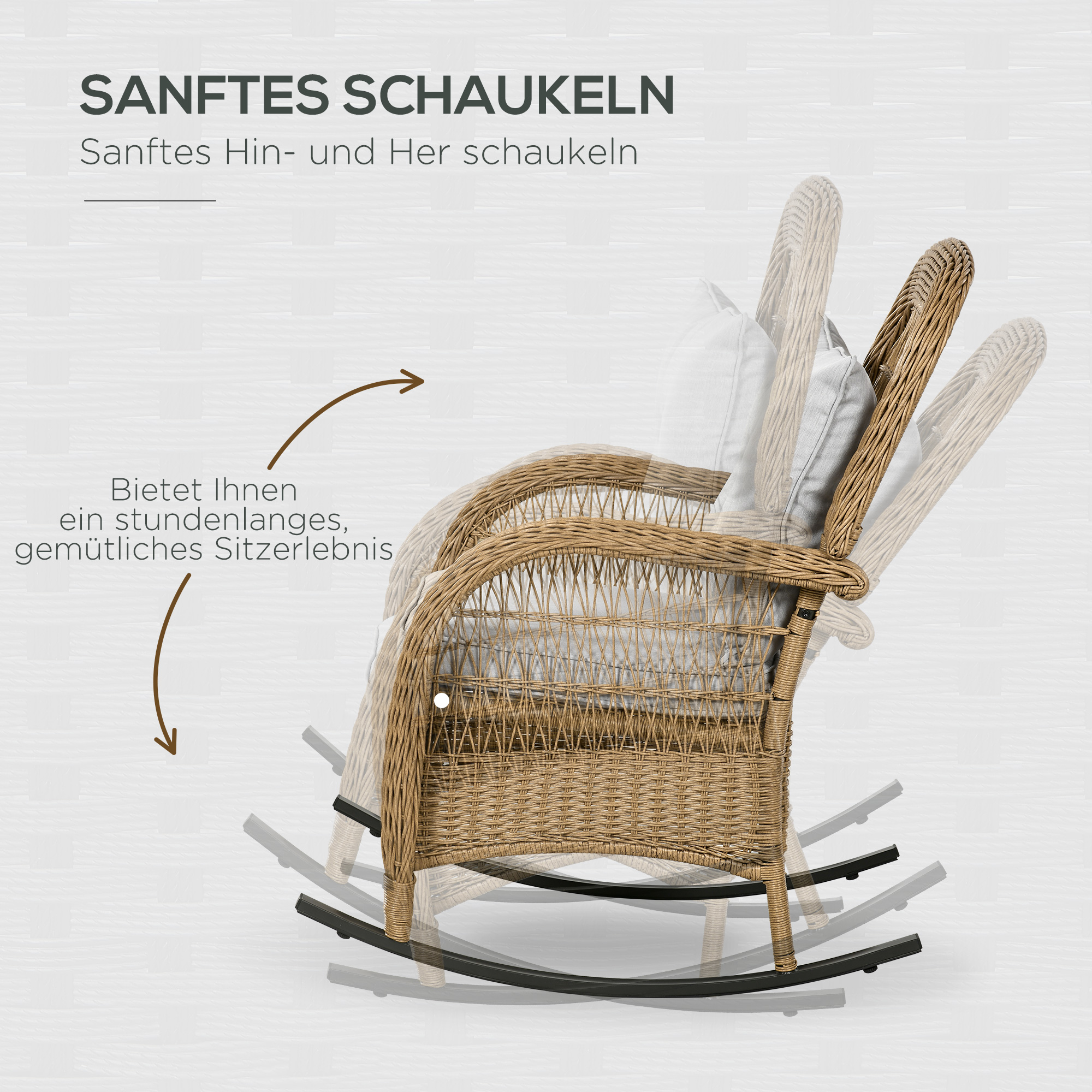 Schaukelstuhl im Boho-Stil, PE-Rattan, Rattan-Schaukelstuhl, waschbare Polsterbezüge, Natur + Hellgrau