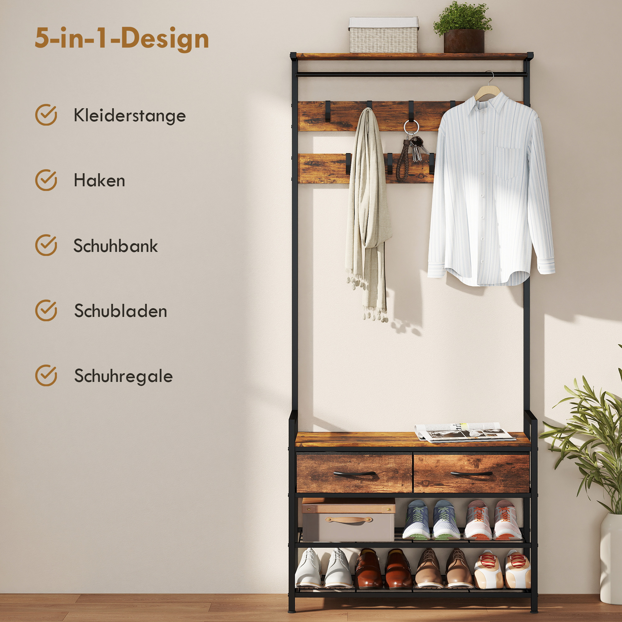 Garderobenständer mit Kleiderhaken, Schuhbank, Industrieller Eingangs-Organizer, Stahlrahmen, Rustikal Braun