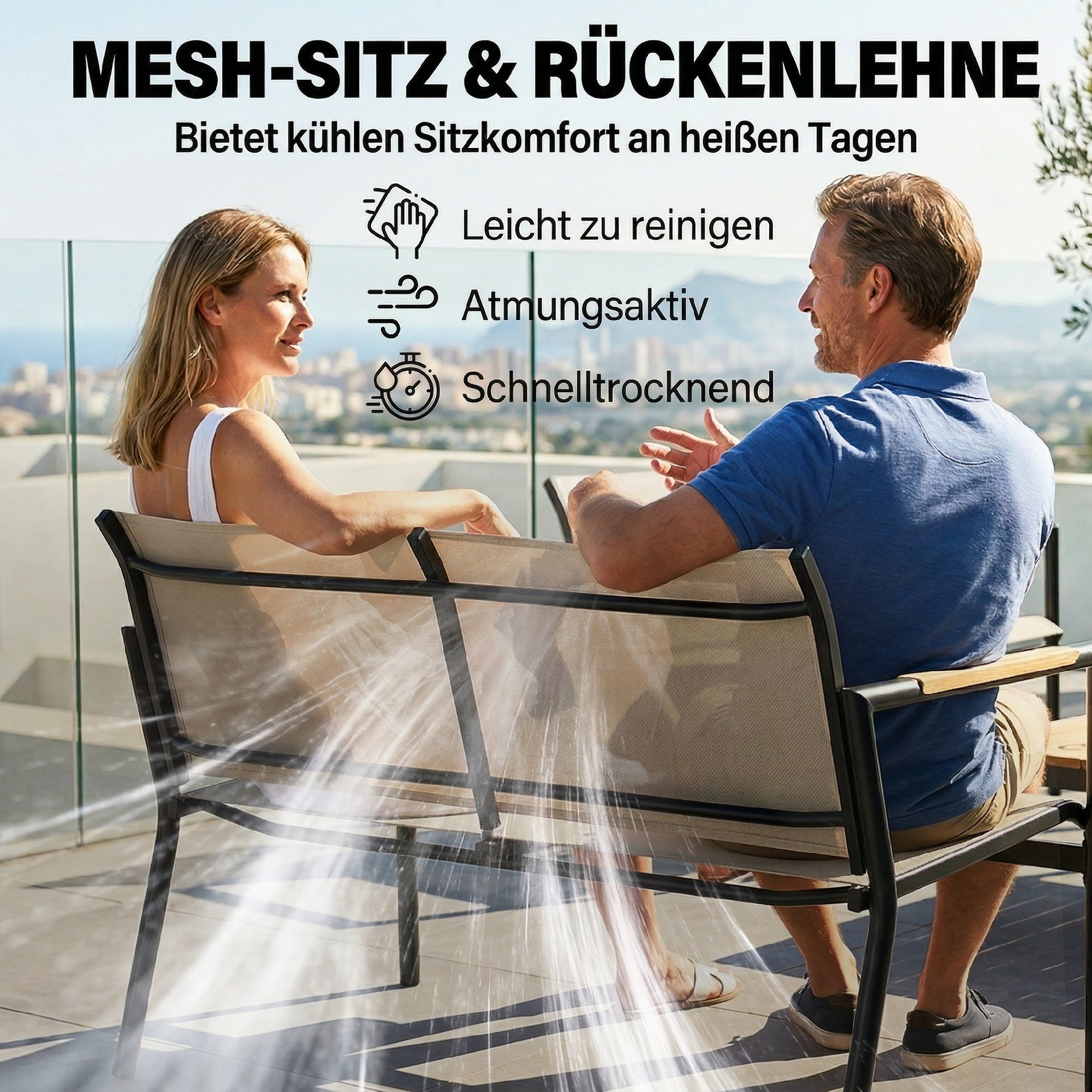 Gartenmöbel Set Sitzgruppe für 4 Personen Atmungsaktiv Gartenlounge mit 2er Sofa 2 Sessel Metall-Tisch Fußpads