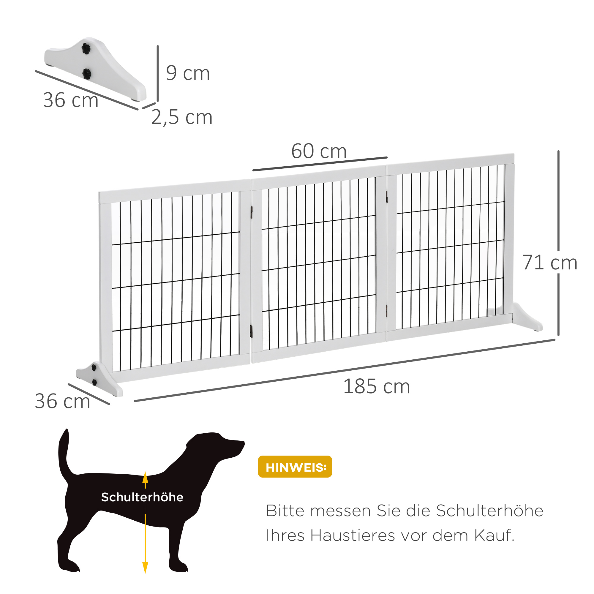 Absperrgitter für Hunde Schutzgitter Hundegitter mit Stützfüßen Treppengitter Hundeabsperrgitter Türschutzgitter für Kamin & Ofen, Kiefernholz Weiß 185 x 36 x 71 cm