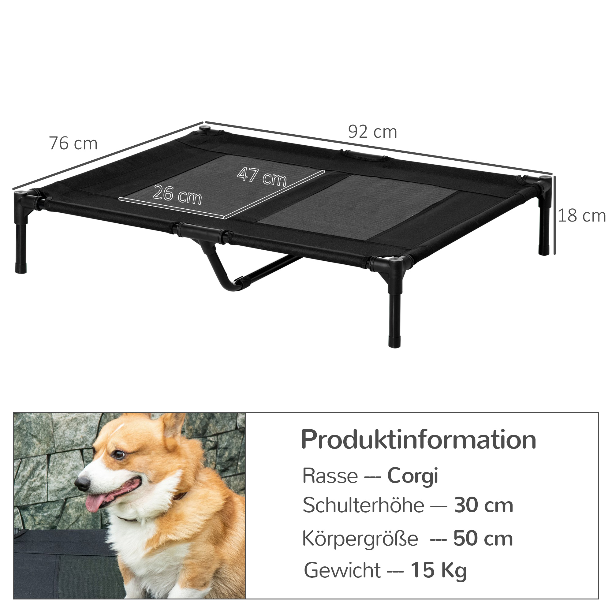 Hundebett, Outdoor-Hundebett, klappbar, atmungsaktiv, Schwarz