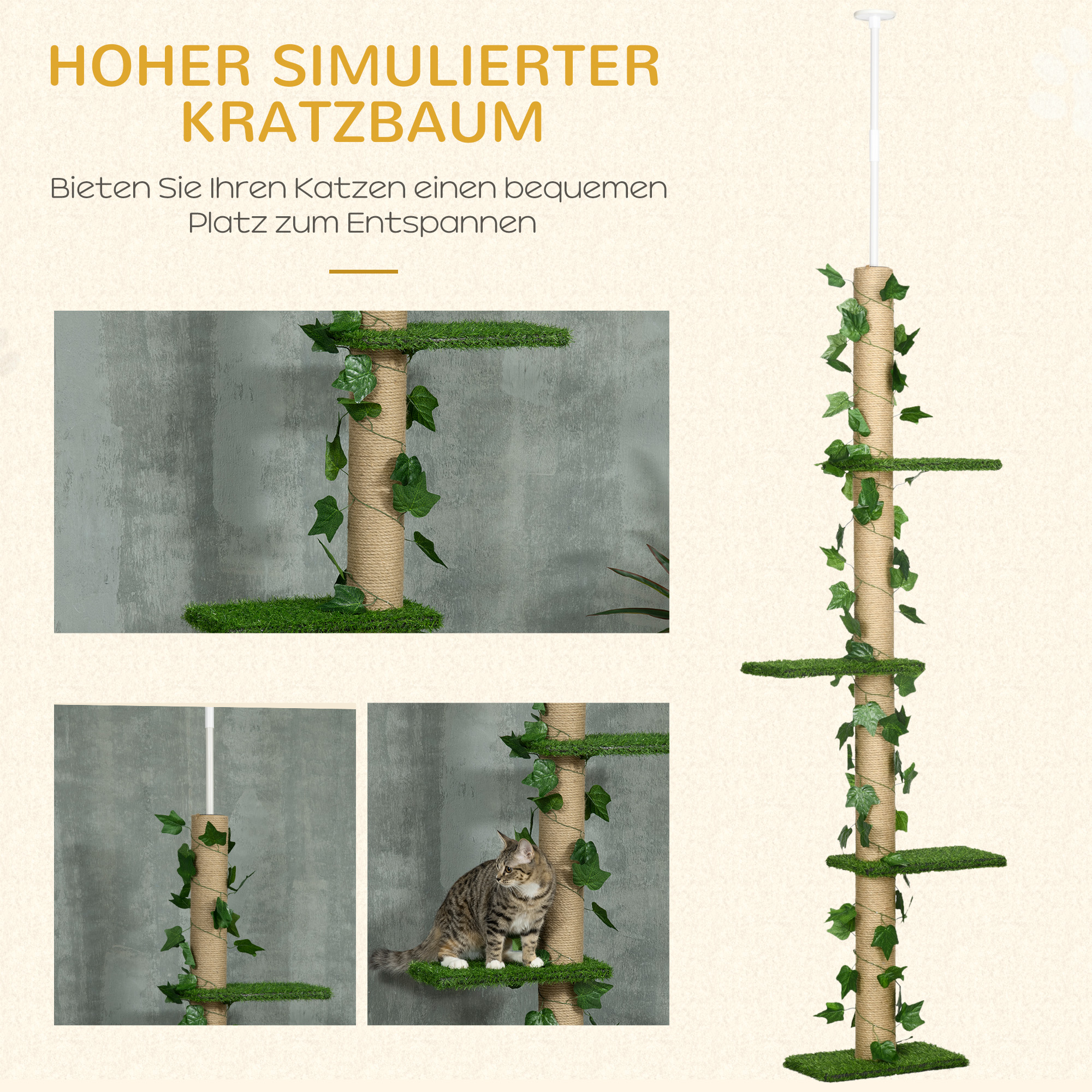 Kratzbaum höhenverstellbar 202-242 cm, rutschfest, Juteseil-Pfosten, Spanplatte, Grün/Gelb