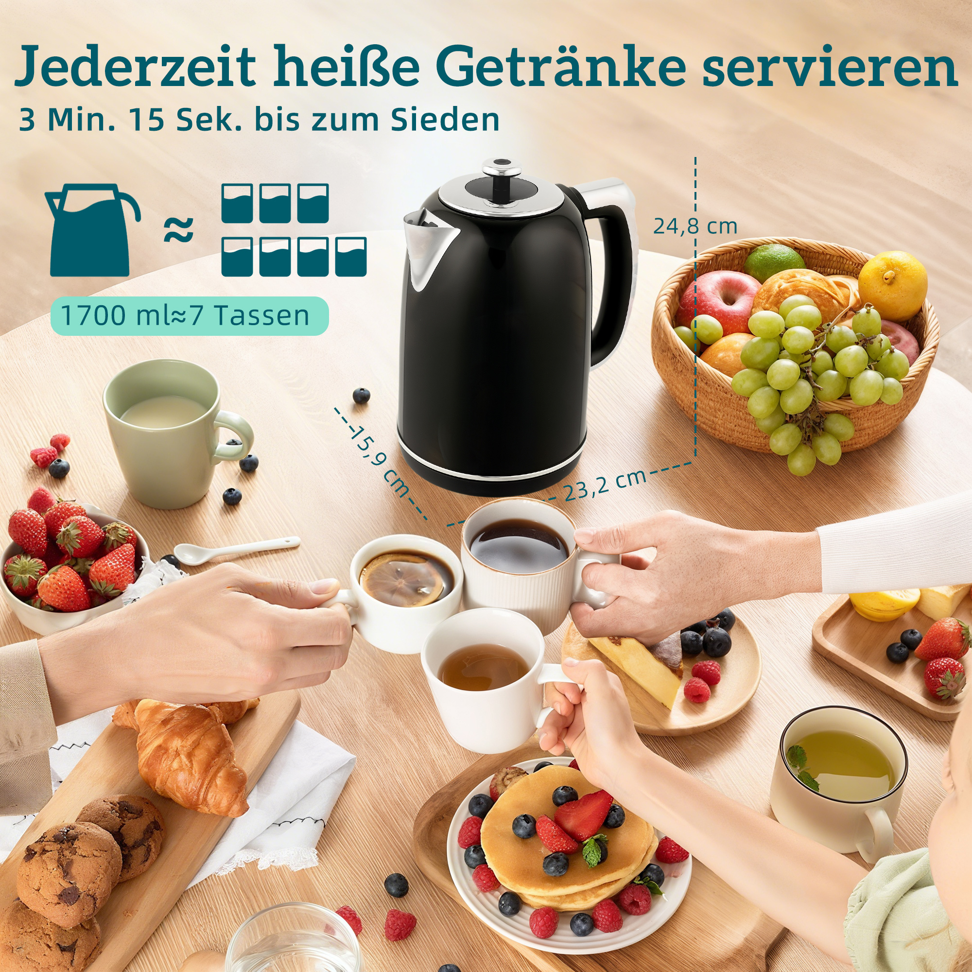 Wasserkocher- und Toaster-Set, LED-Anzeige, 1,7 Liter, 2200W, Retro-Design, Memory-Funktion, Schwarz