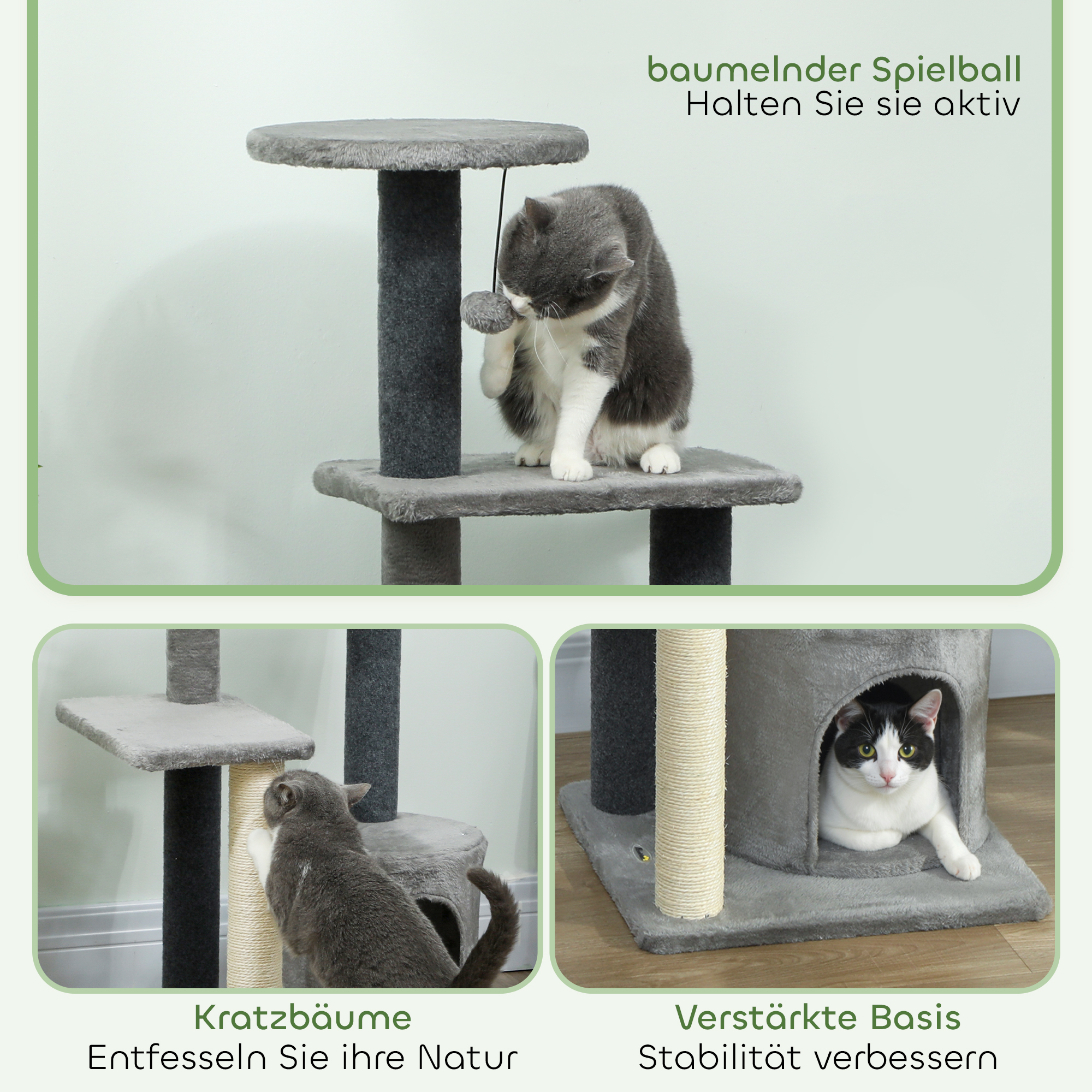 Kratzbaum 103 cm Katzenbaum mit Katzenhöhle, Plattformen, Sisal-Kratzsäulen, Plüschball für Katzen bis 5 kg, Grau