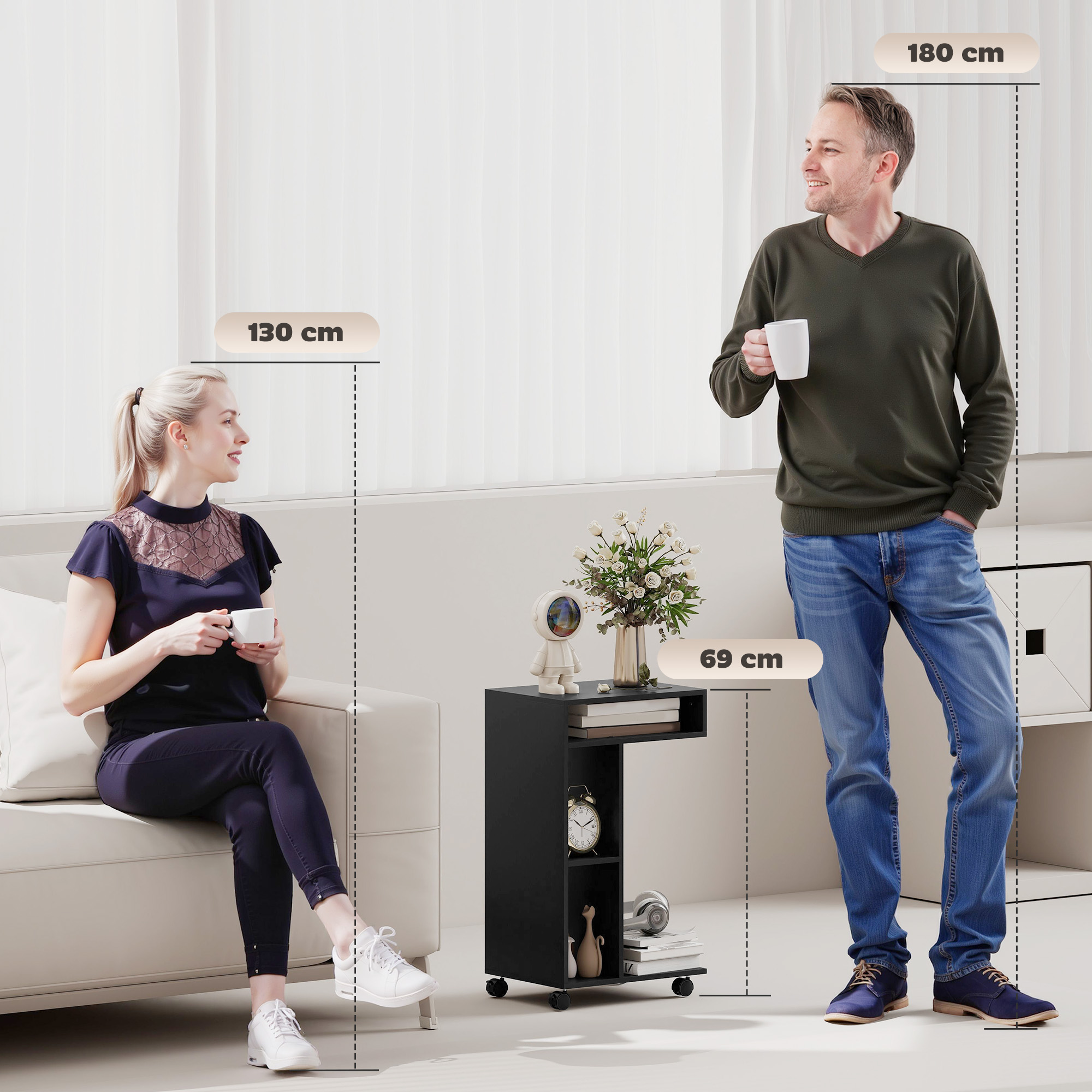 Beistelltisch, C-förmiger Servierwagen, 4 Rollen, 3 Fächer, 40 x 30 x 69 cm, Schwarz