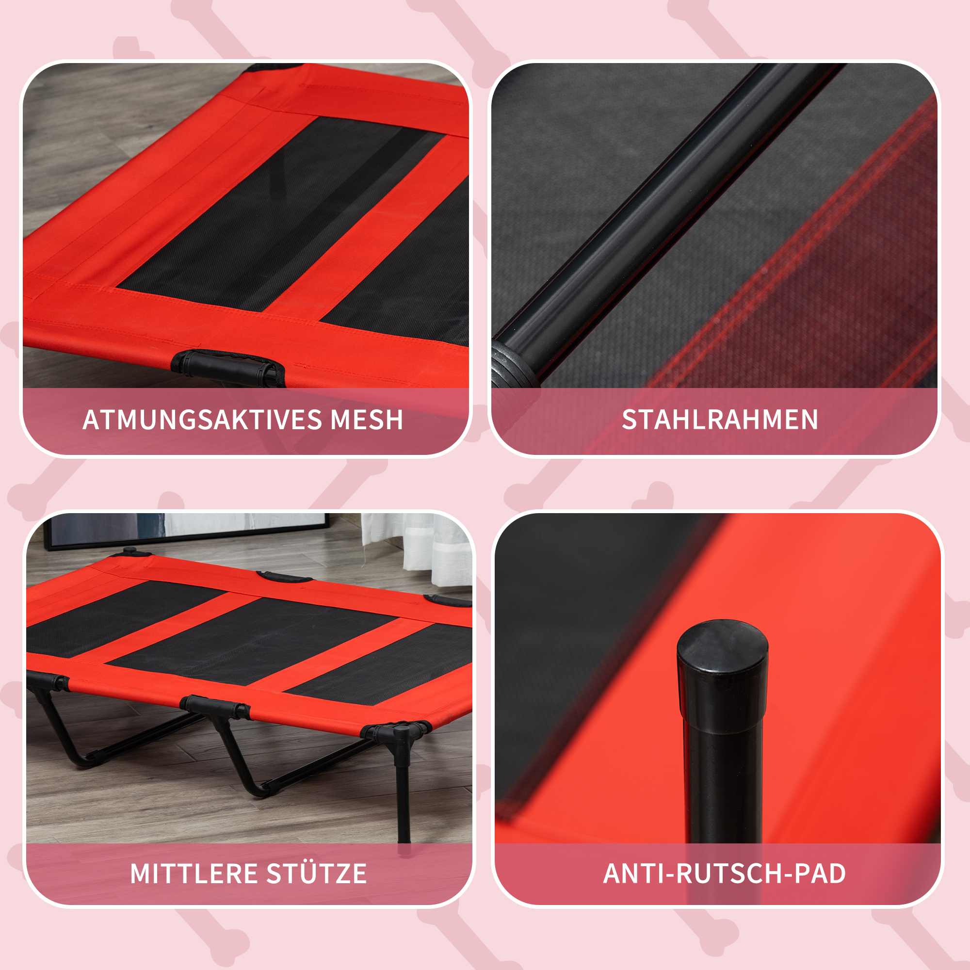 Hundebett, faltbar, Outdoor-Hundebett, erhöhter Stand, 122 cm x 92 cm x 23 cm, Rot + Schwarz