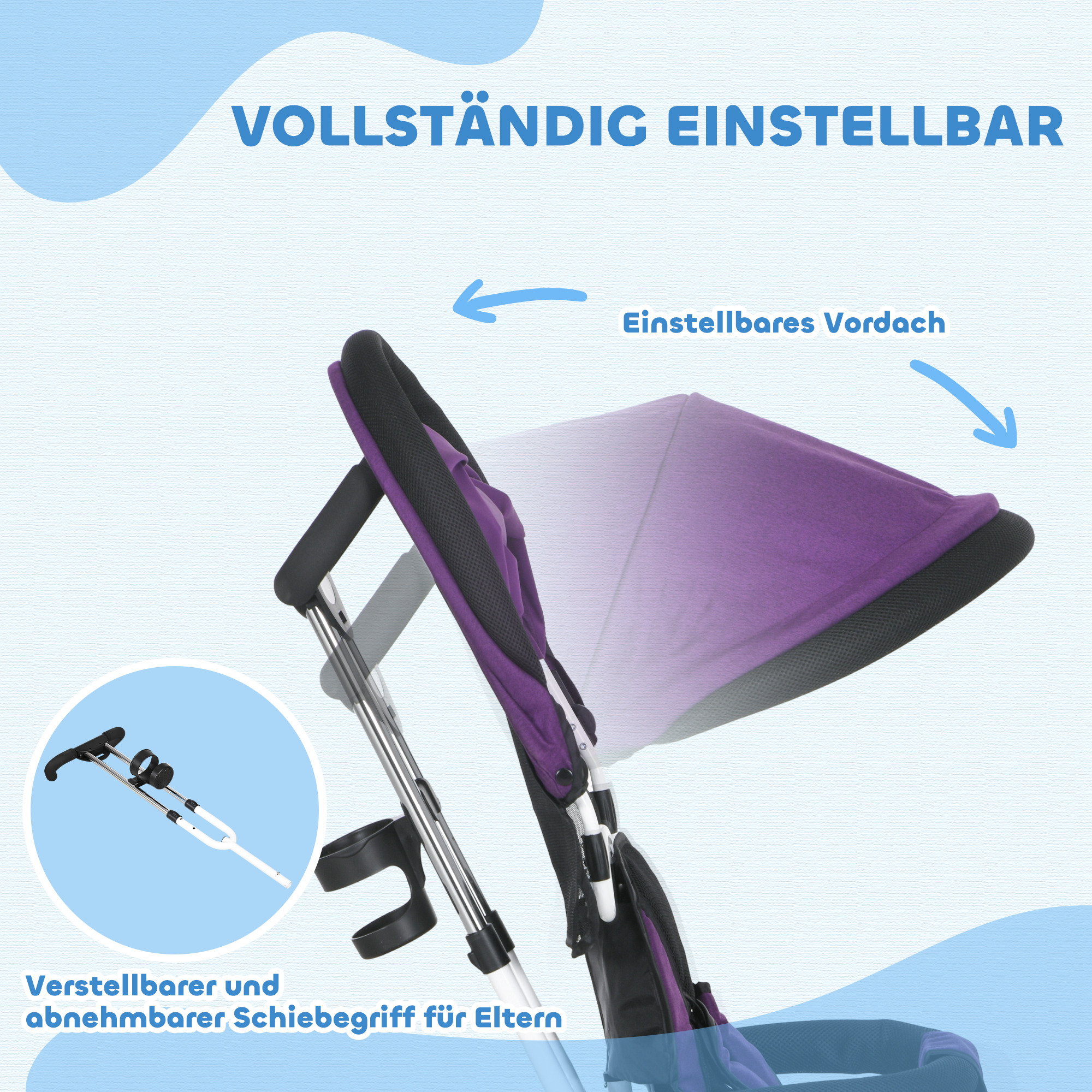 6-in-1 Kinderdreirad mit Schiebestange, Dach, Gurt, Ablagekorb, für 1-5 Jahre, Blau