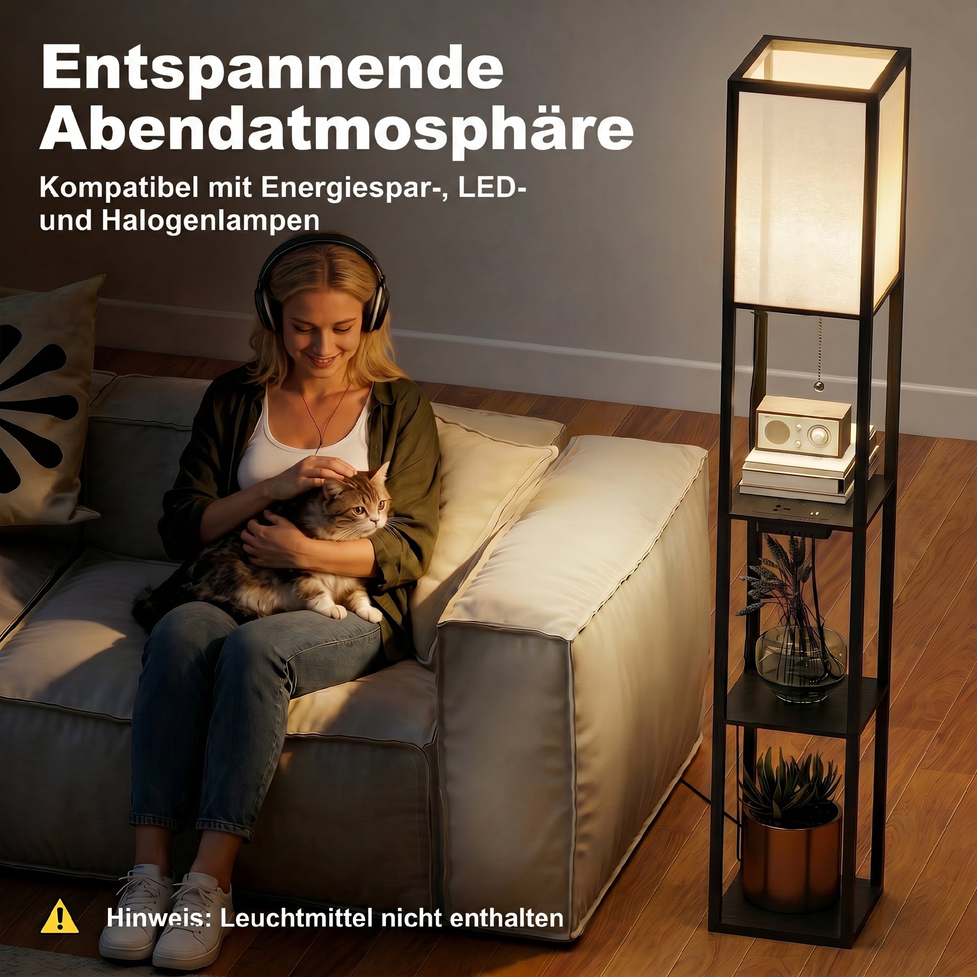 LED Stehlampe mit Ablagen, dimmbar, Kettenschalter & Steckdosen, schwarz