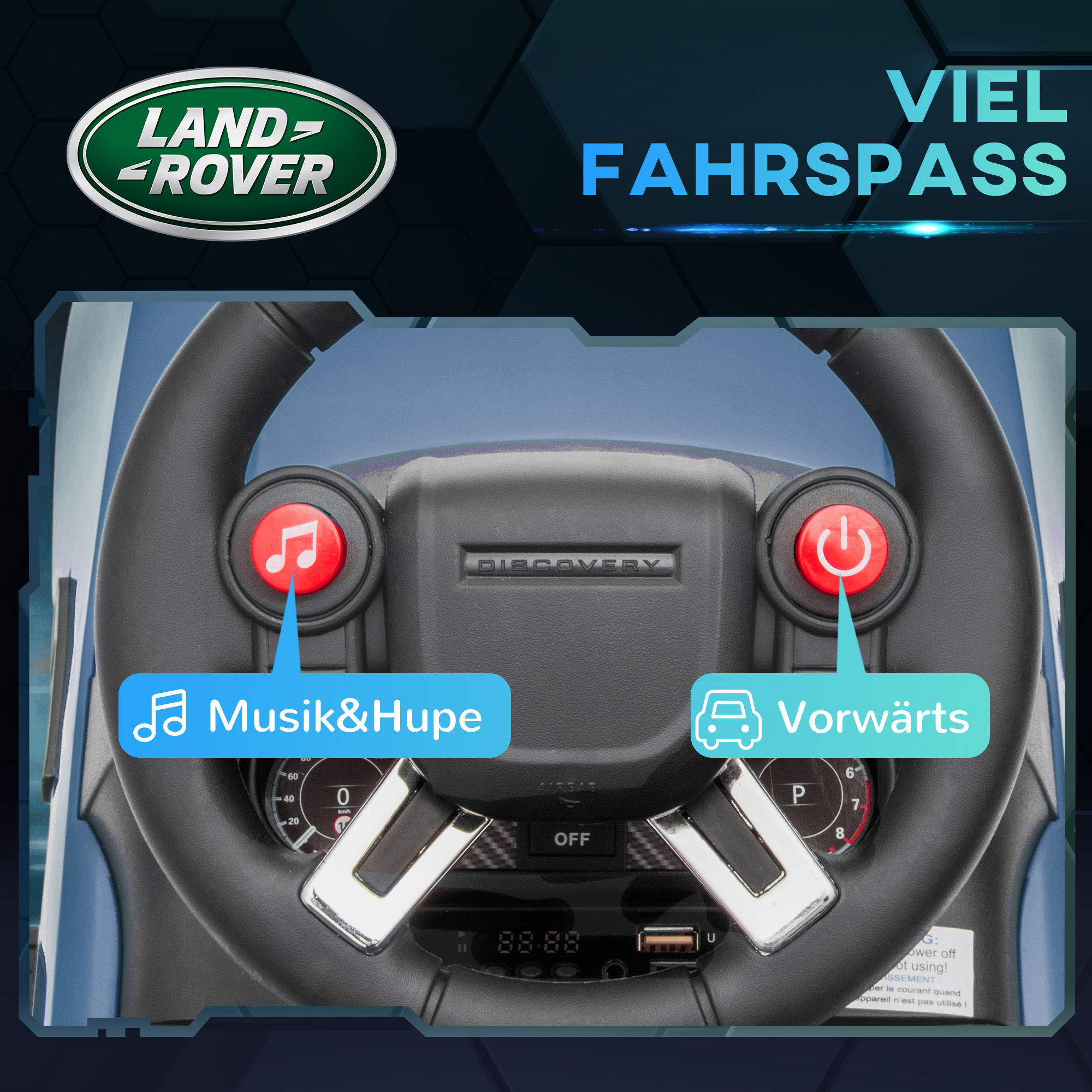 Elektro Kinderauto 6V, Land Rover, Fahr-/Schiebemodus, Scheinwerfer, Musik, Hellblau