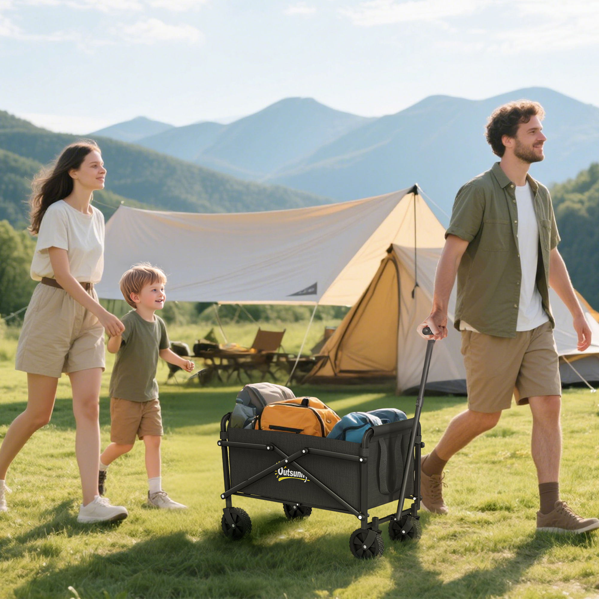 Bollerwagen faltbar Handwagen 360° Gartenwagen mit verstellbarem Griff Strandwagen bis 60 kg für Sport Einkauf Schwarz