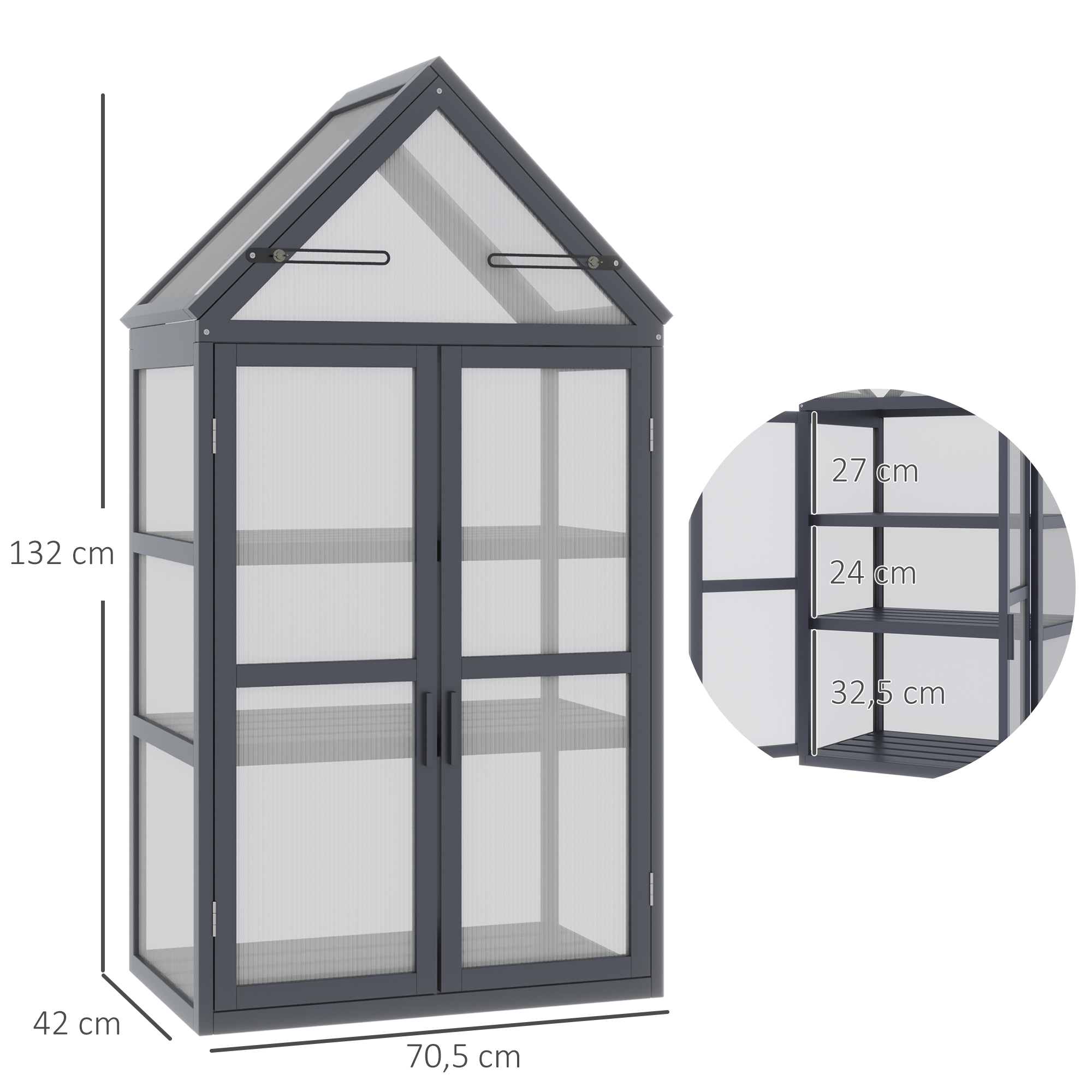 Frühbeet Mini Gewächshaus 3 Ebenen Treibhaus Pflanzenbeet mit aufklappbarem Dach Doppeltüren aus Holz Polycarbonat wetterfest Natur 70,5 x 42 x 132 cm