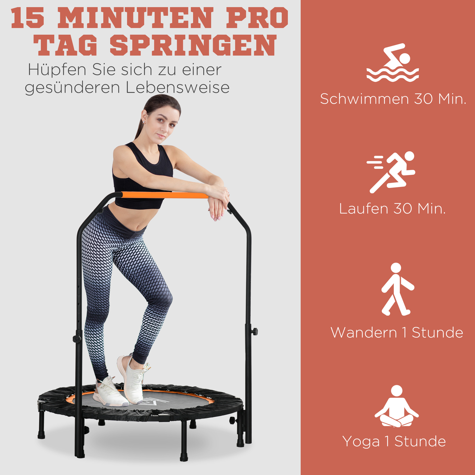 Fitnesstrampolin, klappbar, verstellbarer Haltegriff, Ø102 x 123H cm, bis 150 kg, Schwarz