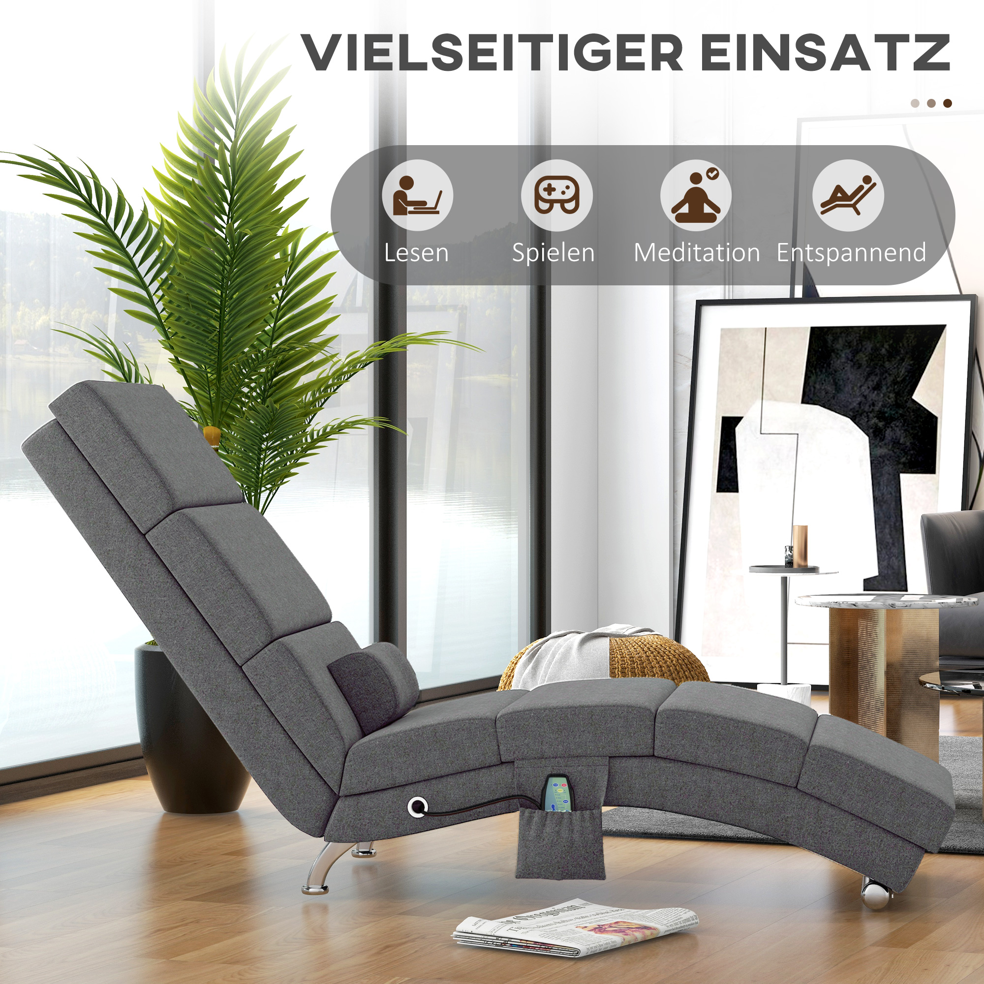 Massagesessel Relaxsessel Liegesessel 8 Vibrationspunkte, 5 Modi, 8 Vibrationspunkte, 56 x 168 x 84 cm, Grau