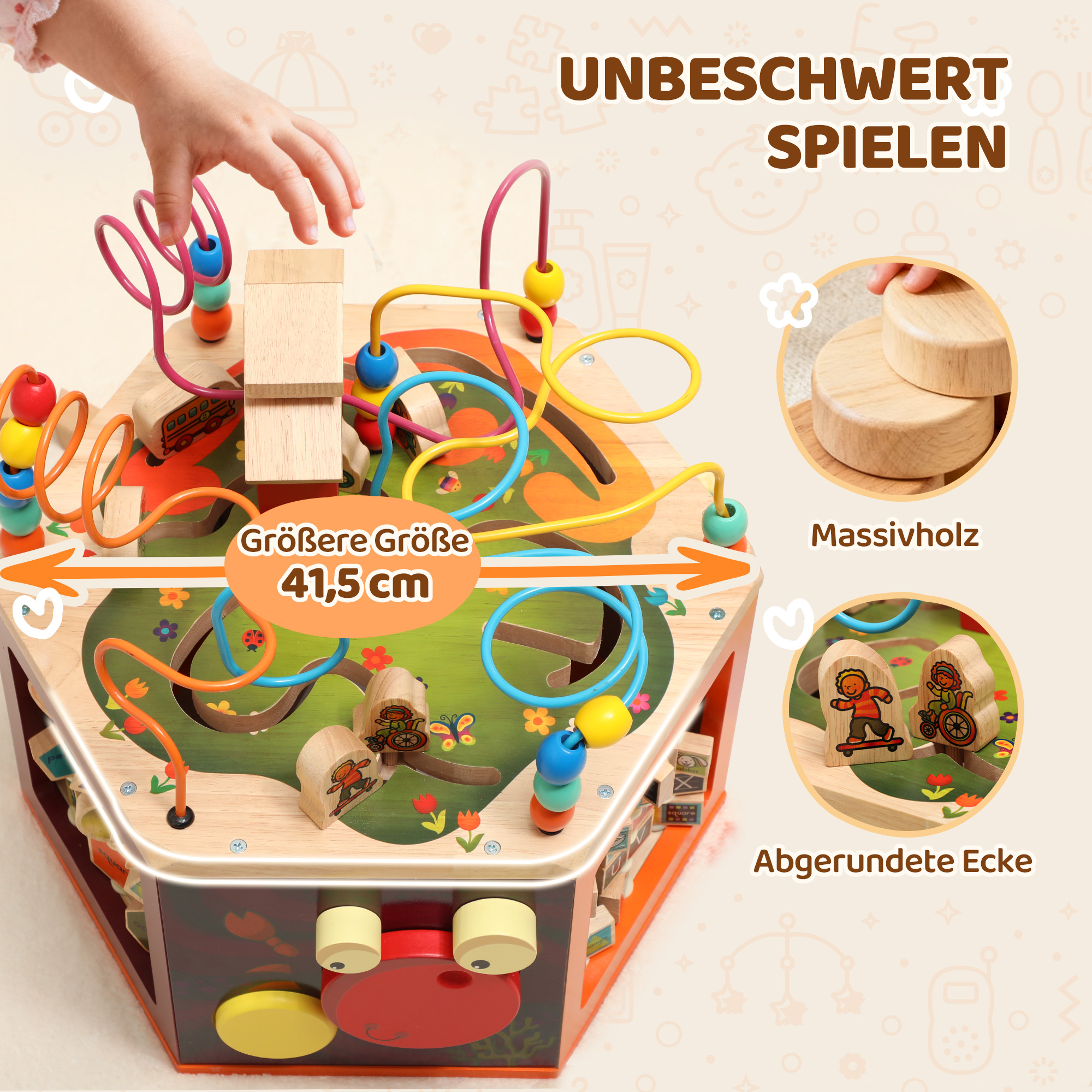 Motorikwürfel, 8-in-1 Aktivitätswürfel mit Motorikschleife, Perlenlabyrinth, 41,5 x 37,5 x 37,5 cm, Mehrfarbig