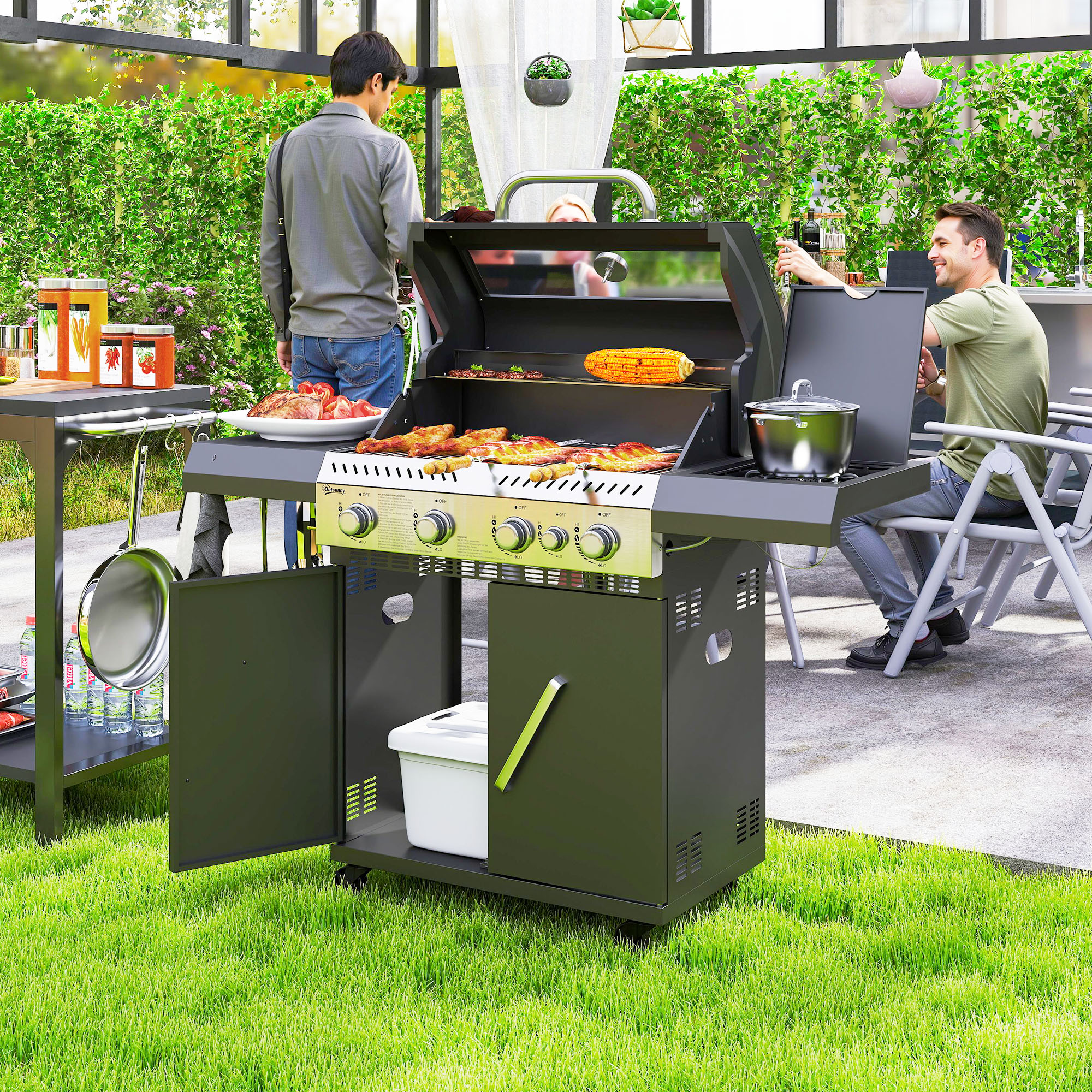 Gasgrill 12 KW Grillwagen inkl 5 Brenner Seitenkocher Rolle Deckel Thermometer Seitenablagen 135 x 54 x 110 cm