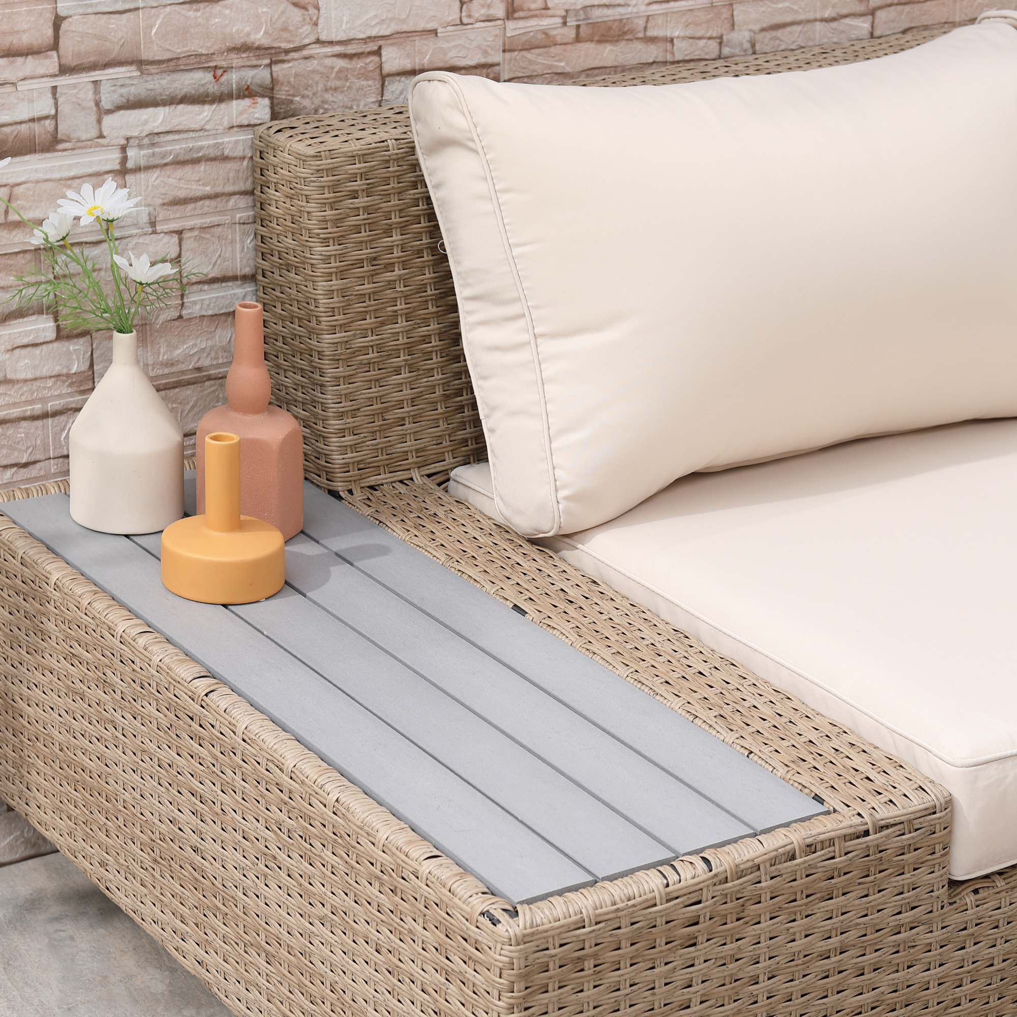 4-tlg. Luxus Polyrattan Gartengarnitur Gartenmöbel Garten-Set Sitzgruppe Loungeset Loungemöbel inkl. Ablagen und Beistelltisch Sitzkissen Braun