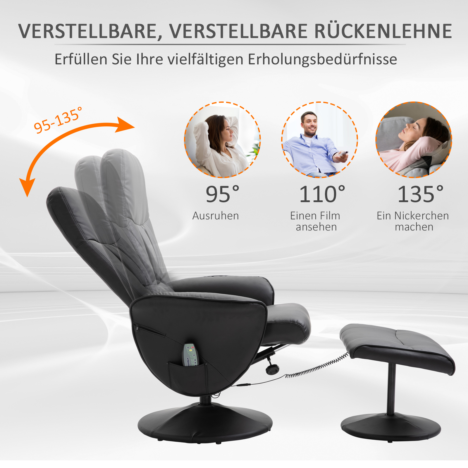 Relaxsessel mit Fußhocker, Massagesessel mit Liegefunktion, 10 Massagepunkte, Drehbarer Fernsehsessel mit Seitentasche, Fernbedienung, Kunstleder, Schwarz