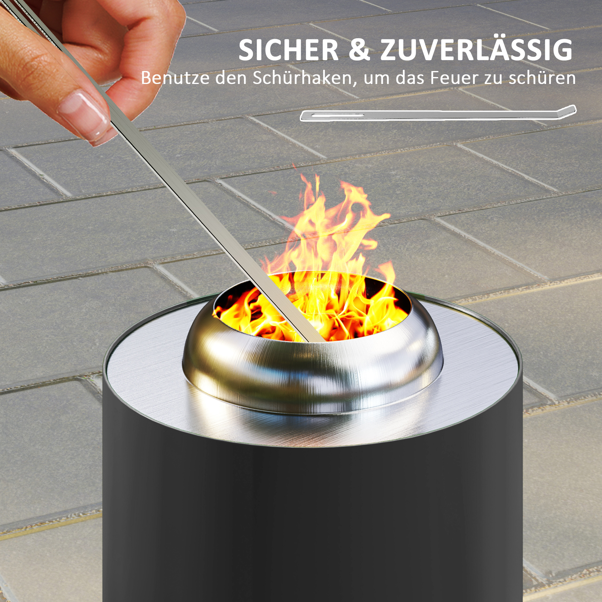 Feuerschale Ø16x25cm aus Edelstahl Feuerstelle mit Schürhaken Rauchfreie Feuerschalen Grau