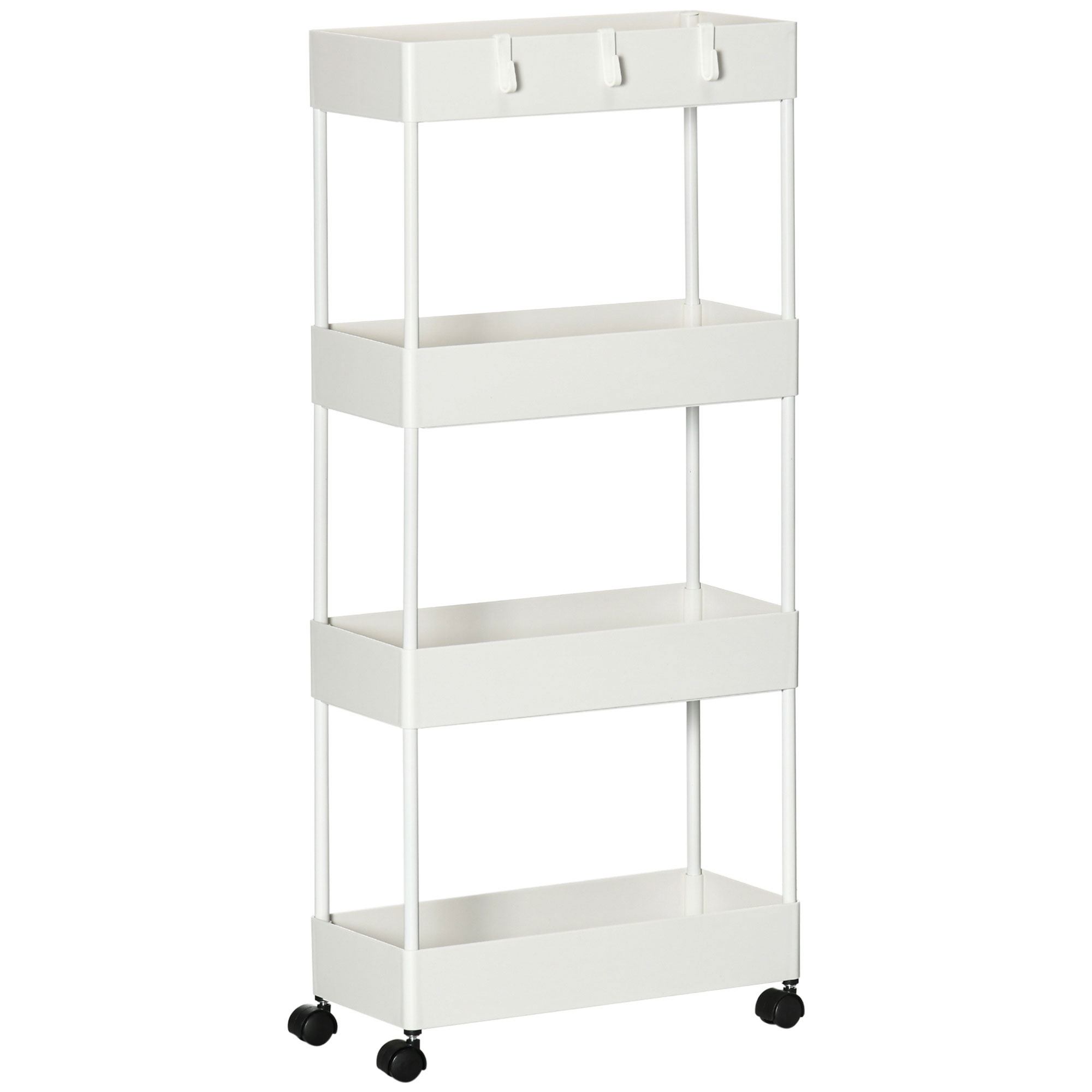 Küchenwagen mit 4 Regalen, 4 flexiblen Haken, 4 Rollen, 40 cm x 19 cm x 90 cm, Nischenwagen, Weiß