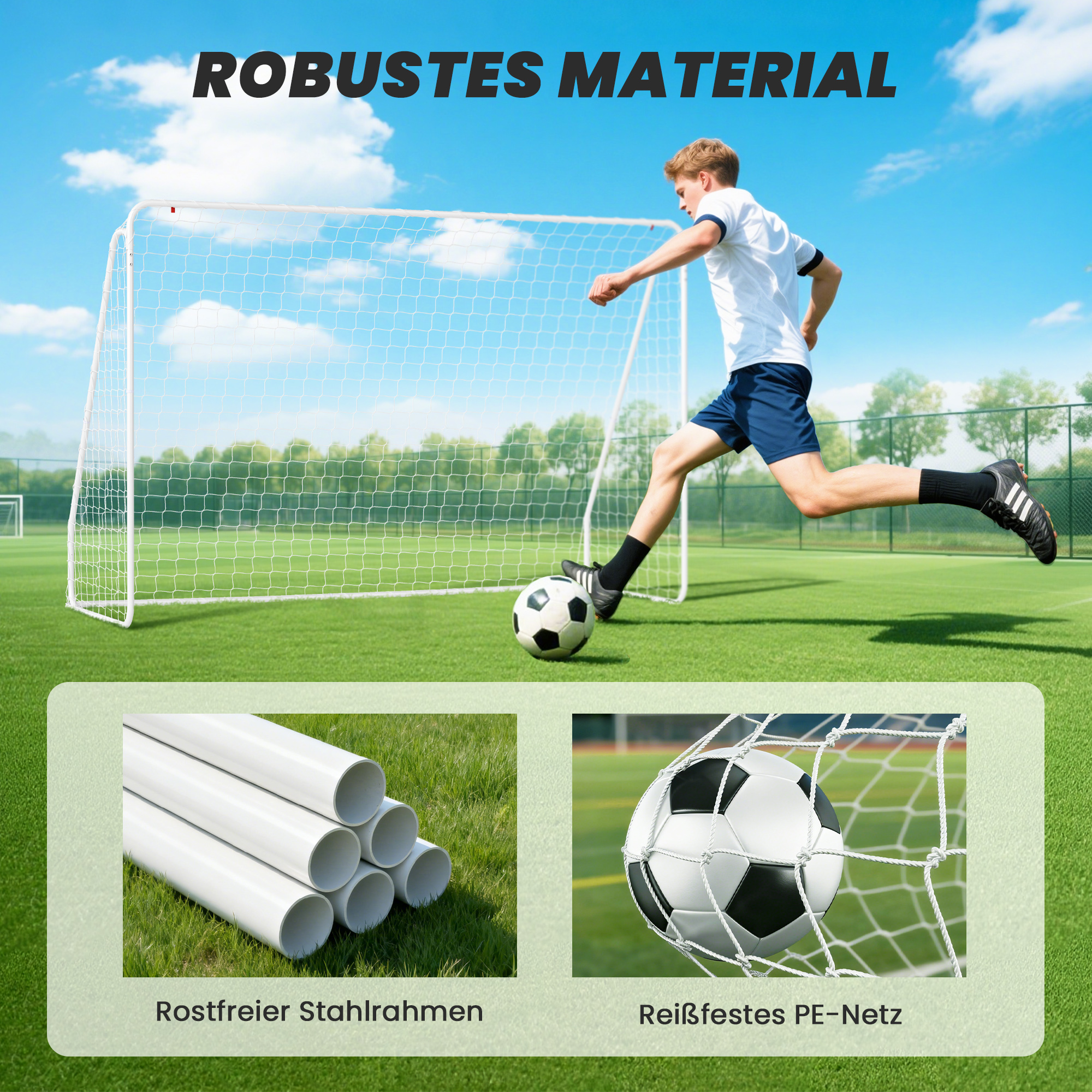 Fußballtor für Spiele & Training, UV-beständig, robust, Bodenverankerungen, Weiß