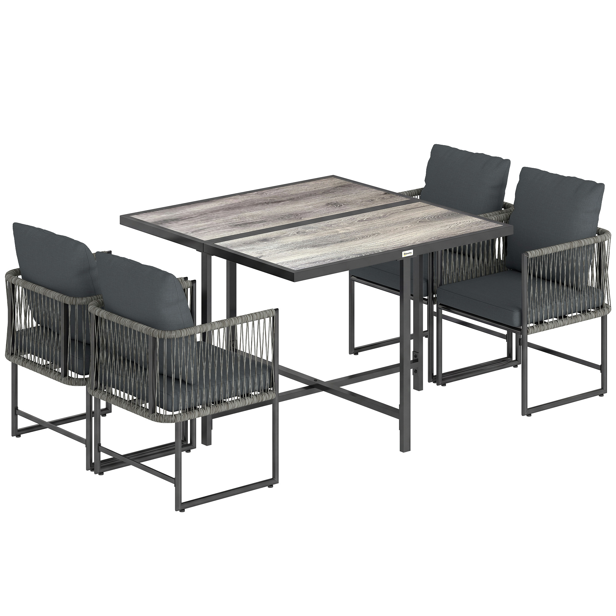 Polyrattan Gartenmöbel Set 5-teilig Platzsparend Sitzgruppe Tisch mit 4 Stühlen DPC-Tischplatte Kissen Grau