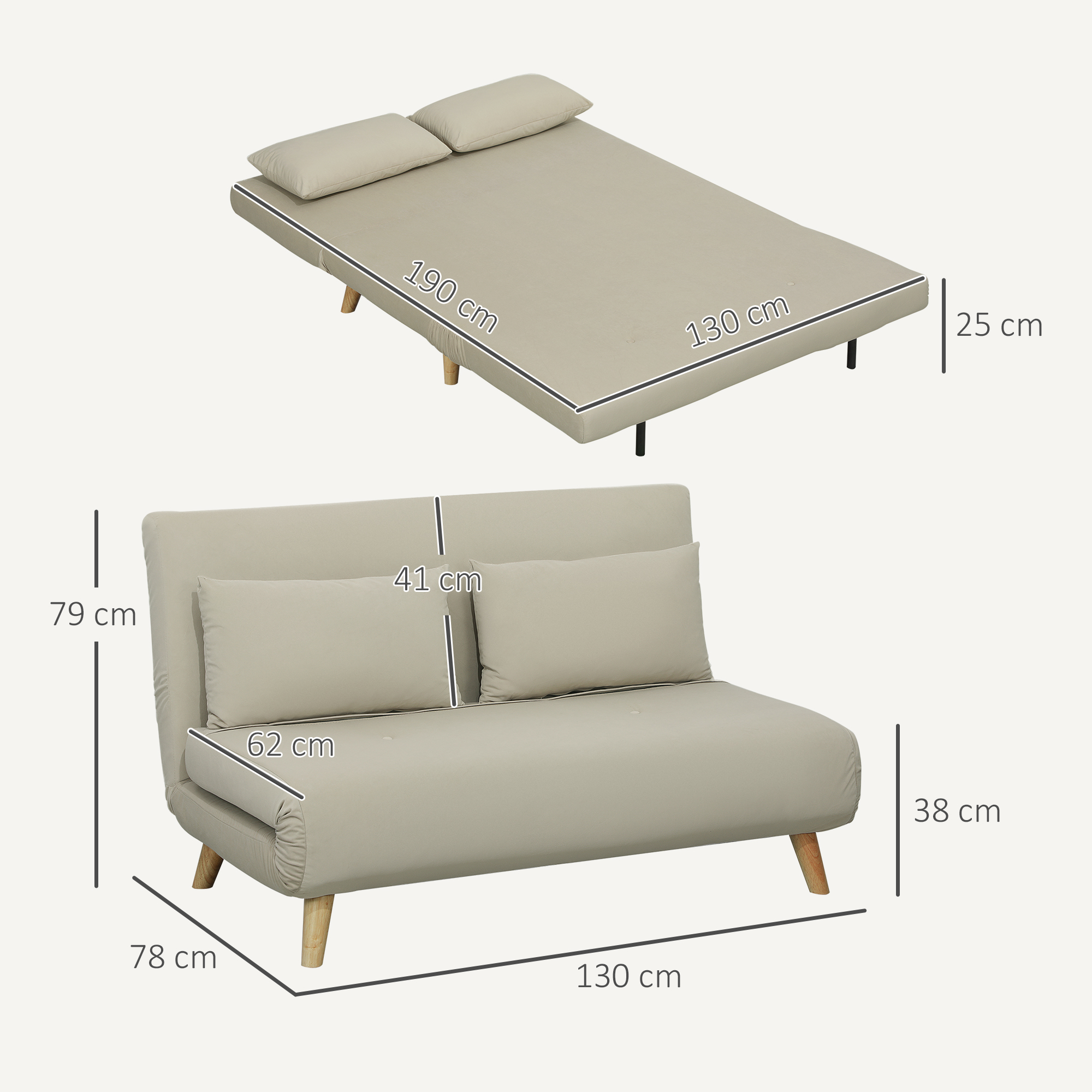 Schlafsofa Relaxsofa Sofa Couch, inkl, 2 Kissen, Samtoptik, 130 x 78 x 79 cm, Beige