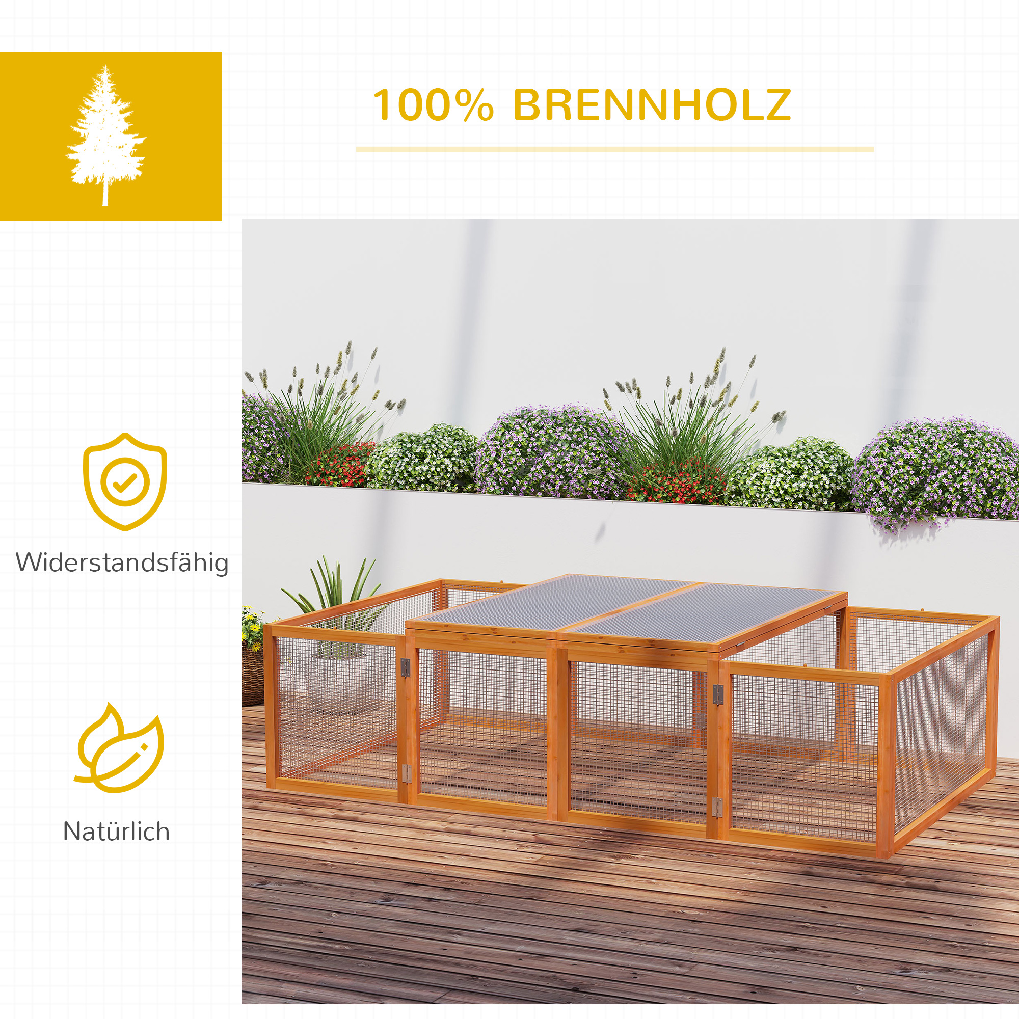 Hasenstall Kaninchenstall aus Holz Winterfest Kaninchenkäfig mit aufklappbar Dach 181x100x48 cm Kleintierstall Hasenkäfig für Kleintiere Kaninchen Meerschweinchen Indoor Outdoor Natur