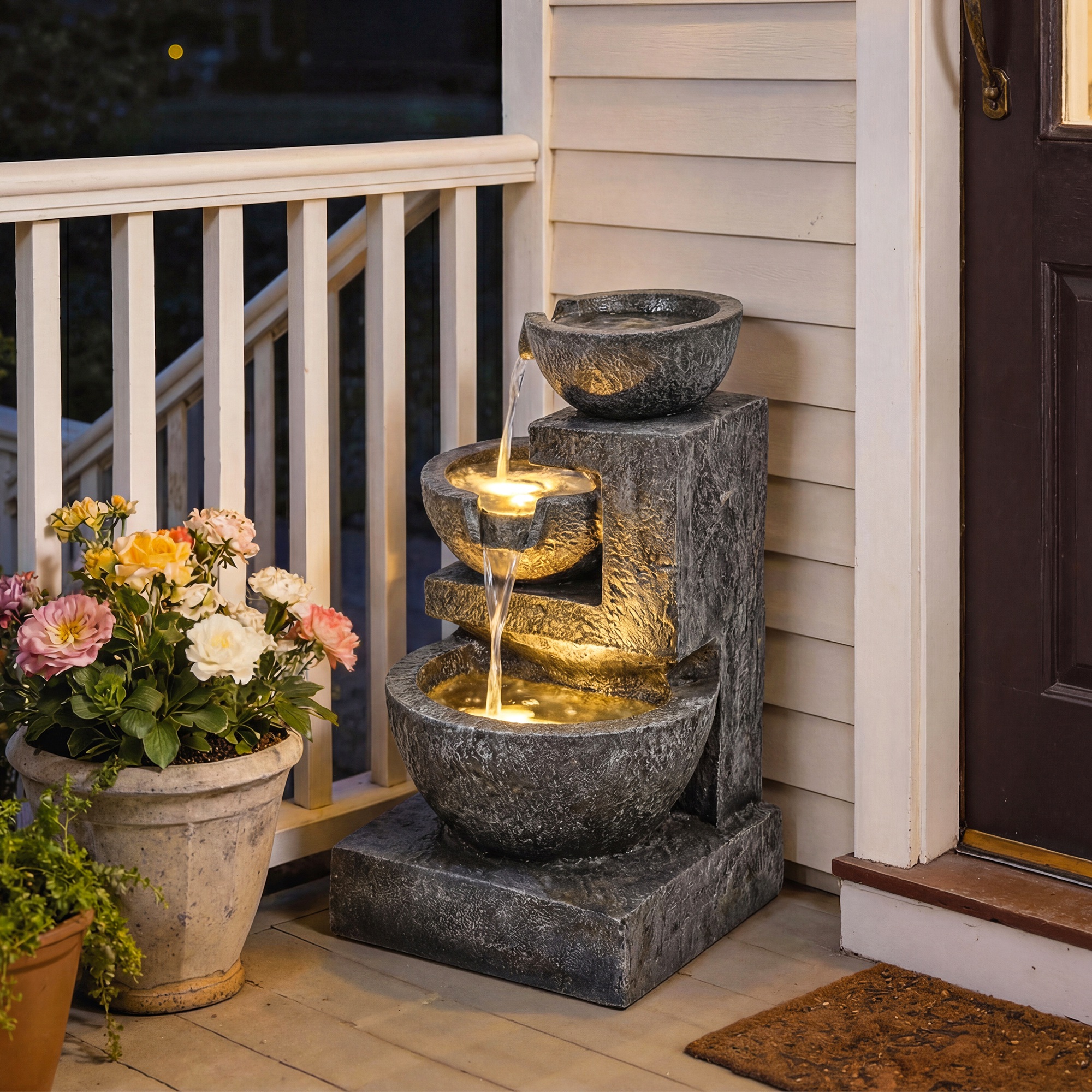 Springbrunnen 3-stufig Gartenbrunnen mit LED Beleuchtung Pumpe Steinoptik, Verstellbar 40 x 37 x 61 cm