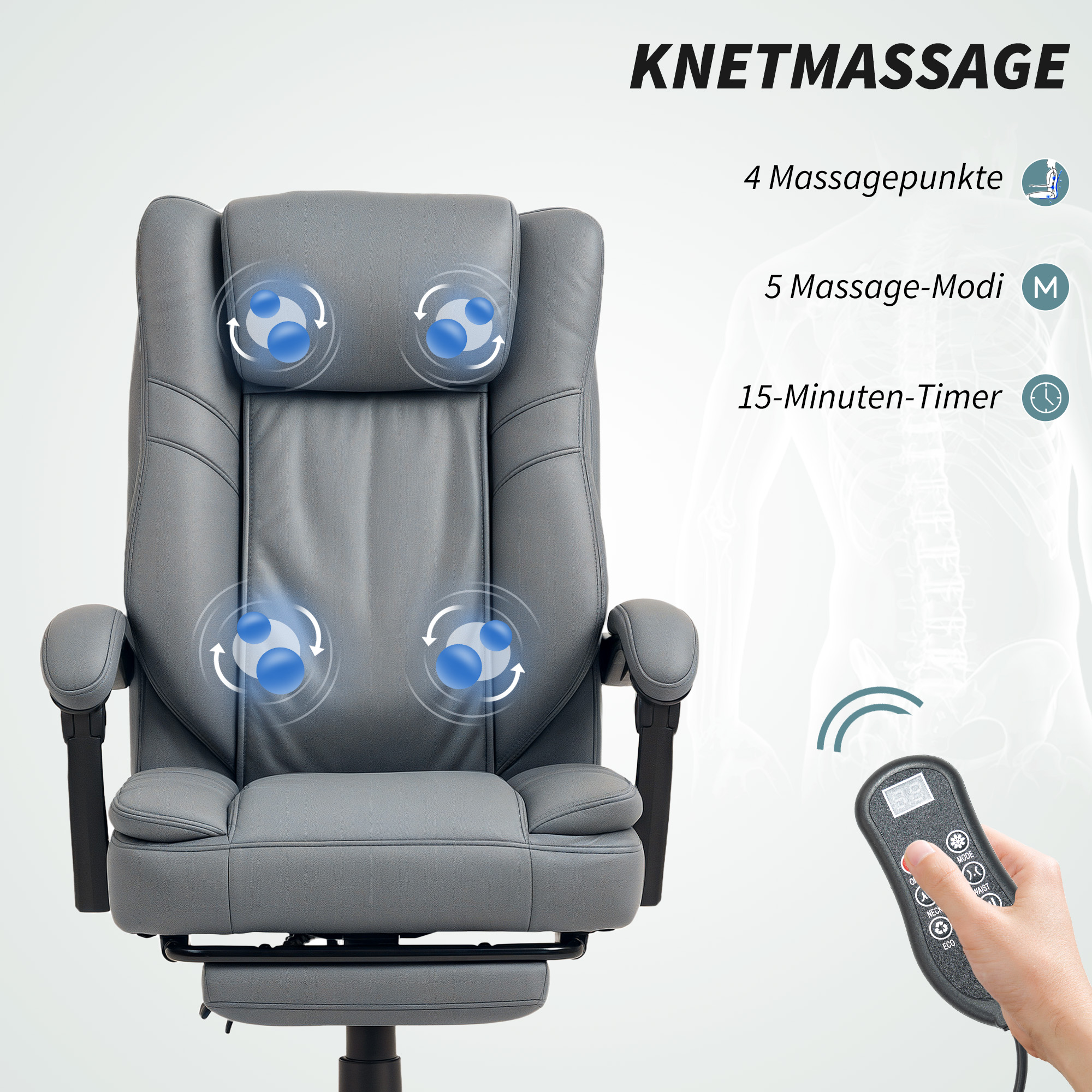 Bürostuhl mit Massagefunktion, höhenverstellbarer Schreibtischstuhl mit neigbarer Rückenlehne, gepolstert, rollbar, Grau