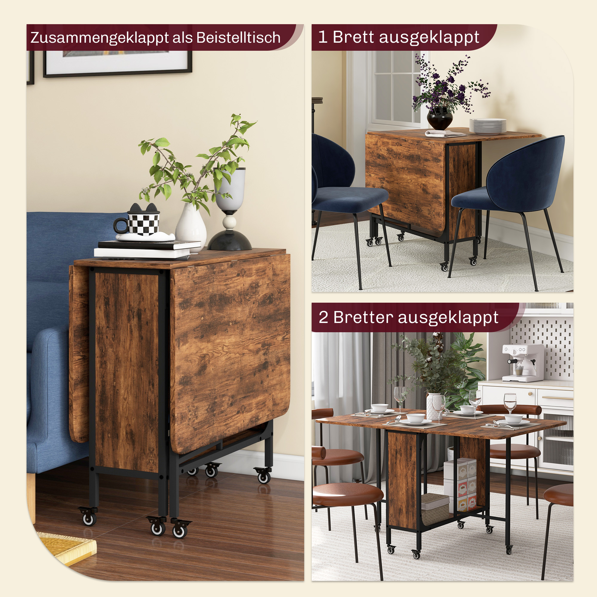 klappbarer Esstisch, Mobiler Klapptisch für 6 Personen, mit Ablage, bis 50 kg belastbar, 130 x 80 x 74 cm, Rotbraun