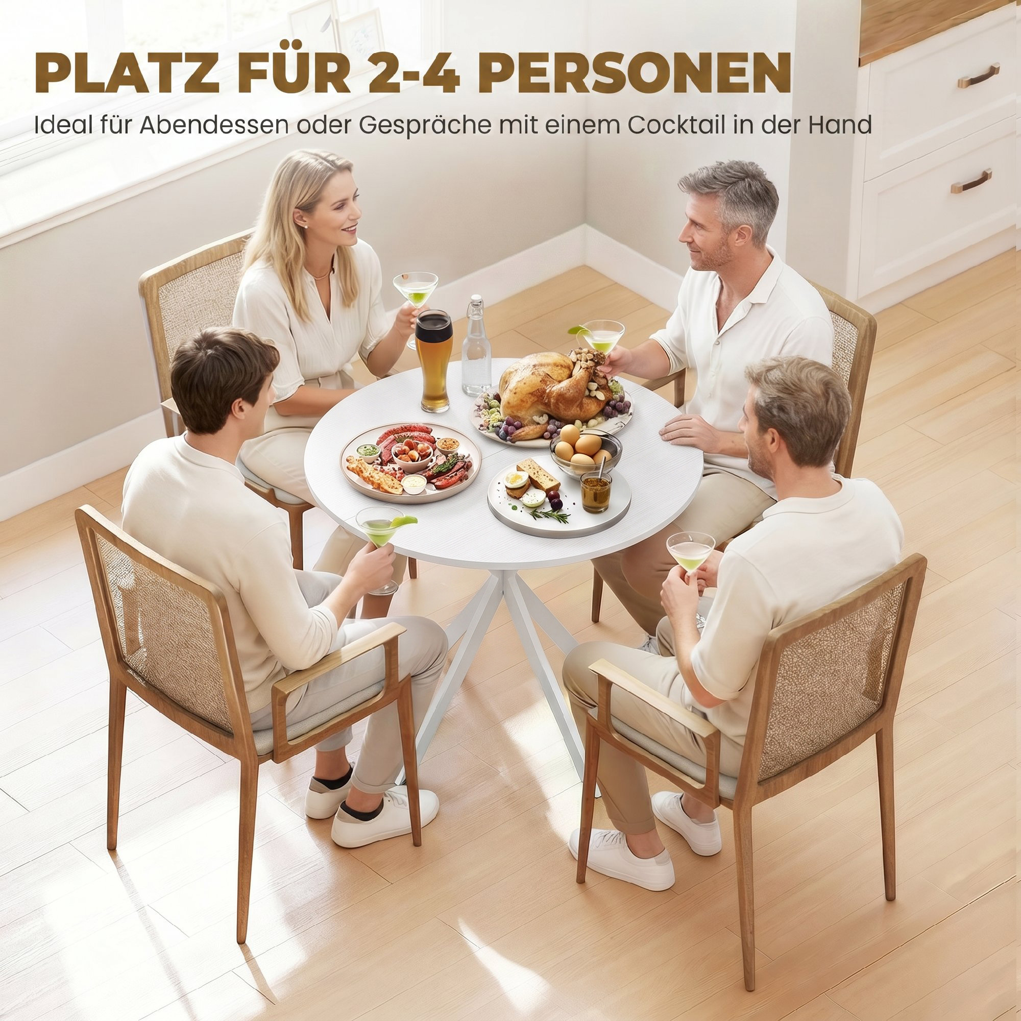 runder Küchentisch, 80 cm, kompakte Tischplatte, Spanplatte, Metall, Weiß