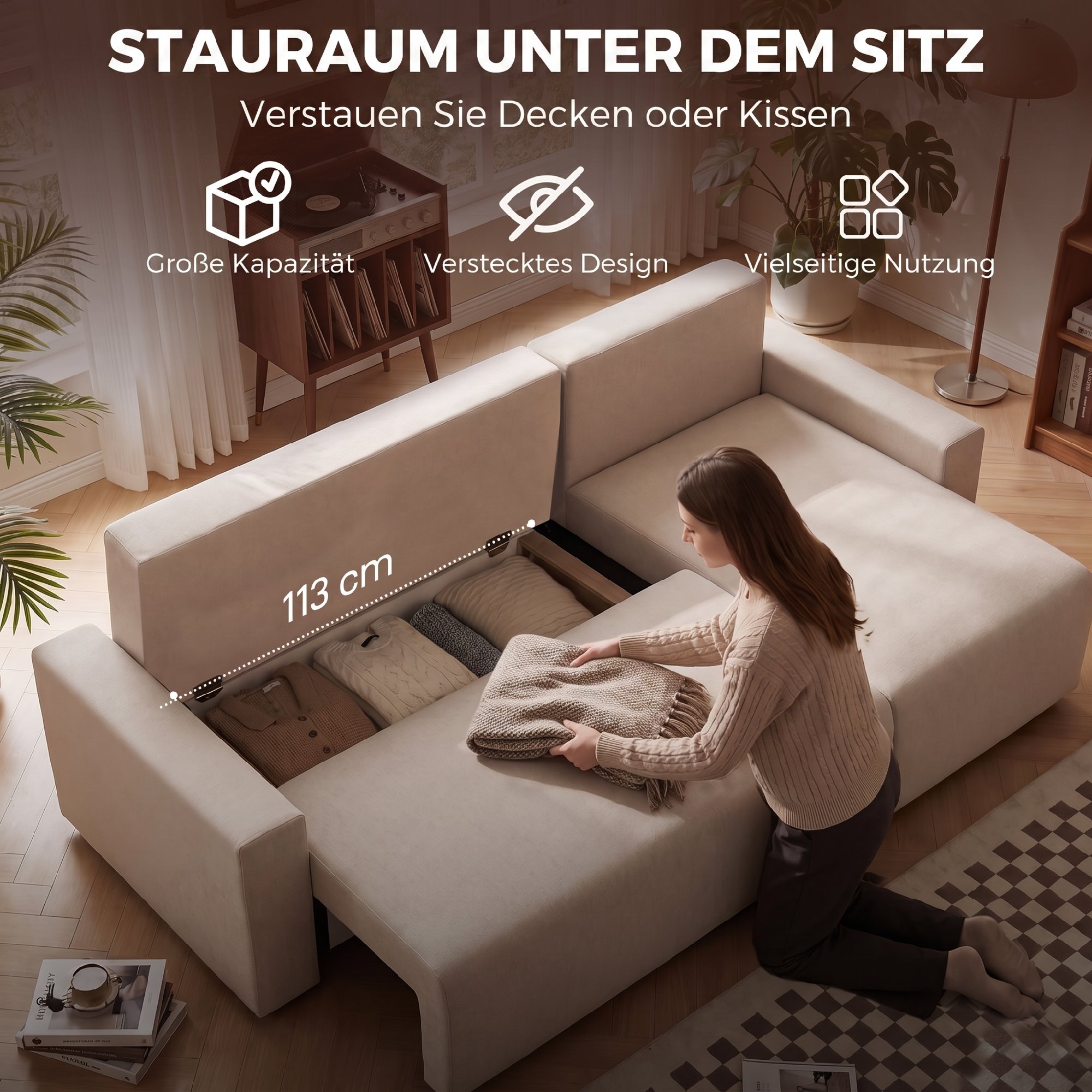 Ecksofa mit Schlaffunktion und umkehrbarer Chaiselongue, L-förmiges 3-Sitzer Sofa aus Veloursbezug, Beige