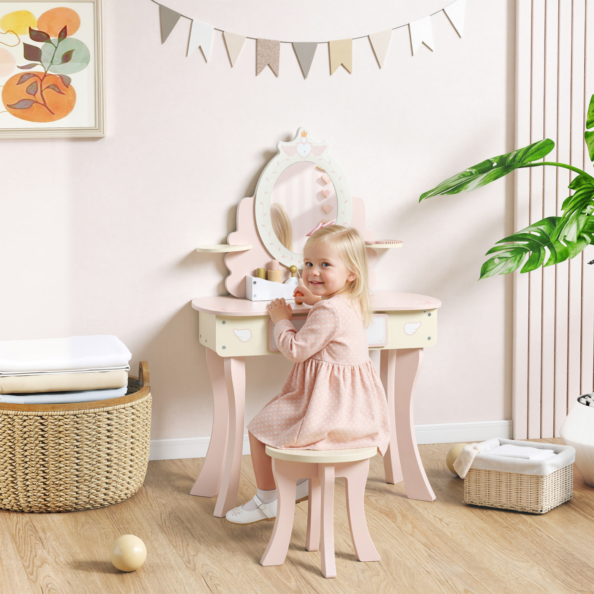Kinderschminktisch, Stuhl, Schublade, abnehmbarer Spiegel, Kinderschreibtisch mit 7 Zubehörteilen, 2-in-1 Design, MDF, Rosa