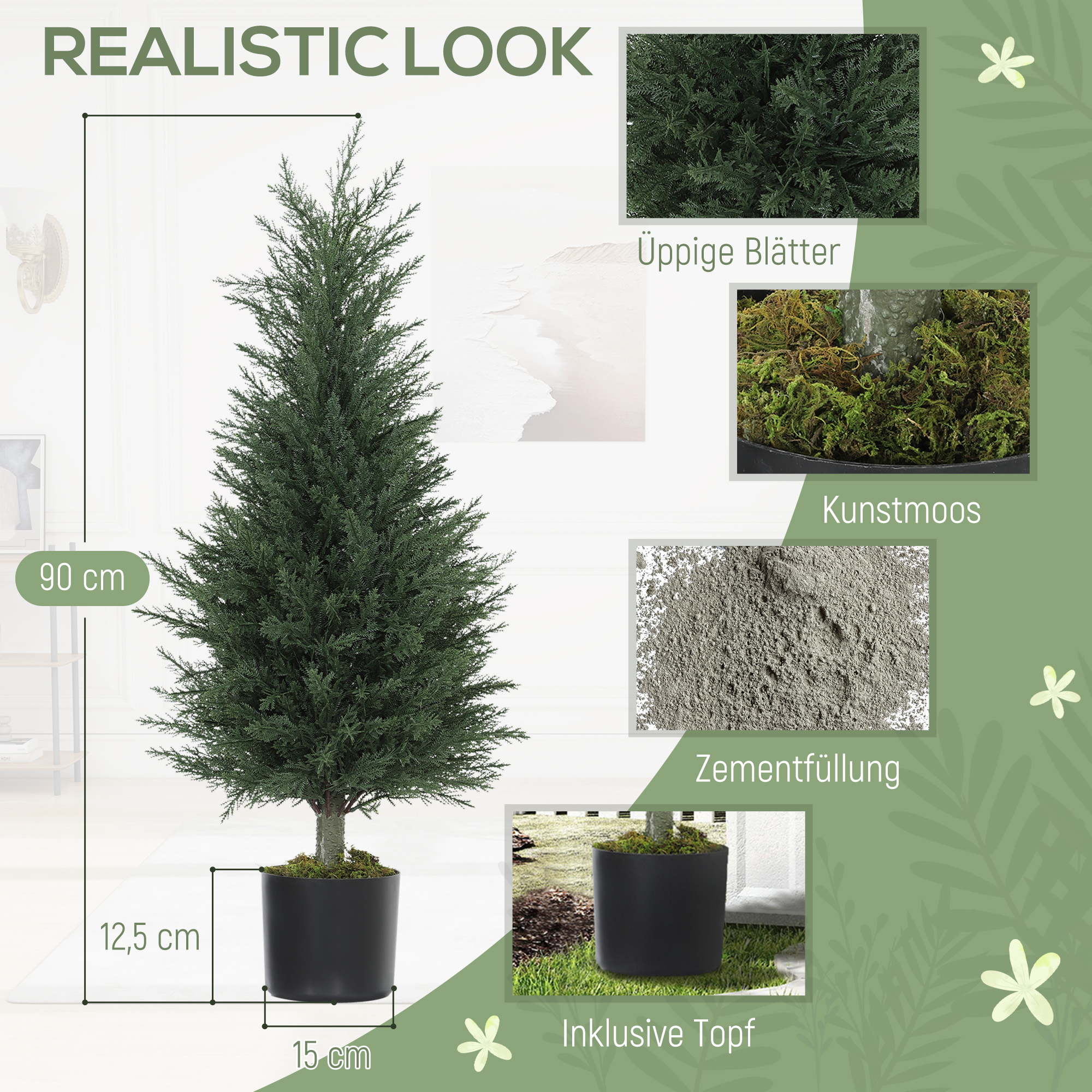 2er-Set Zypressen-Kunstpflanzen, 362 Kunststoff-Blätter, Topf, UV-beständig, Grün