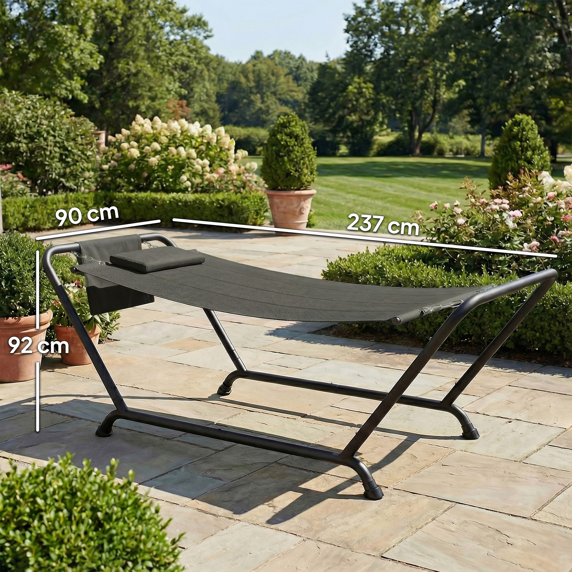 Hängematte mit Gestell 237 x 90 cm Stabhängematte mit Seitentasche, Kopfstütze Metallrahmen bis 150 kg