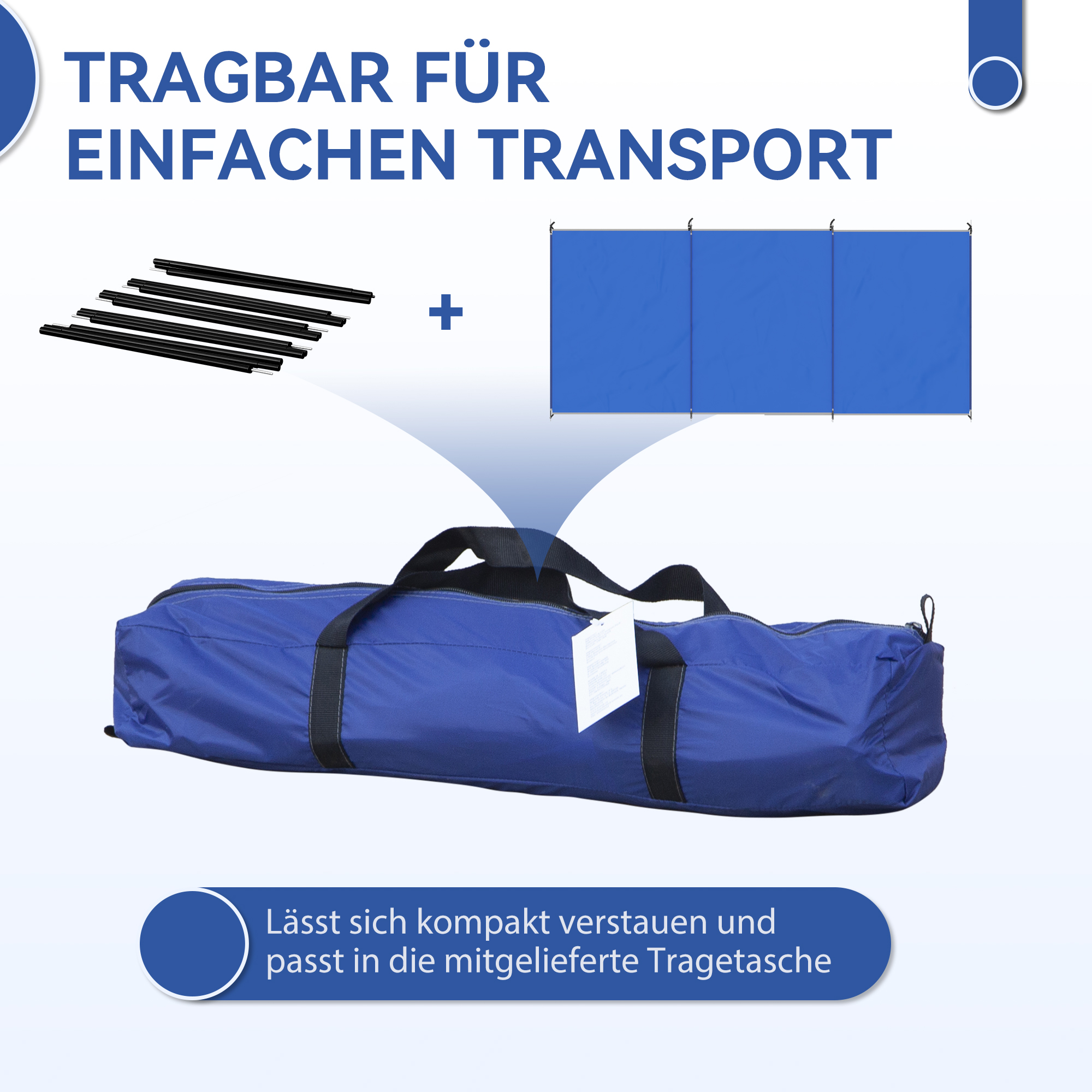 Windschutz faltbar Camping Sichtschutz mit Tragetasche Stahlstangen für Camping Garten Strand 450 x 150 cm Blau