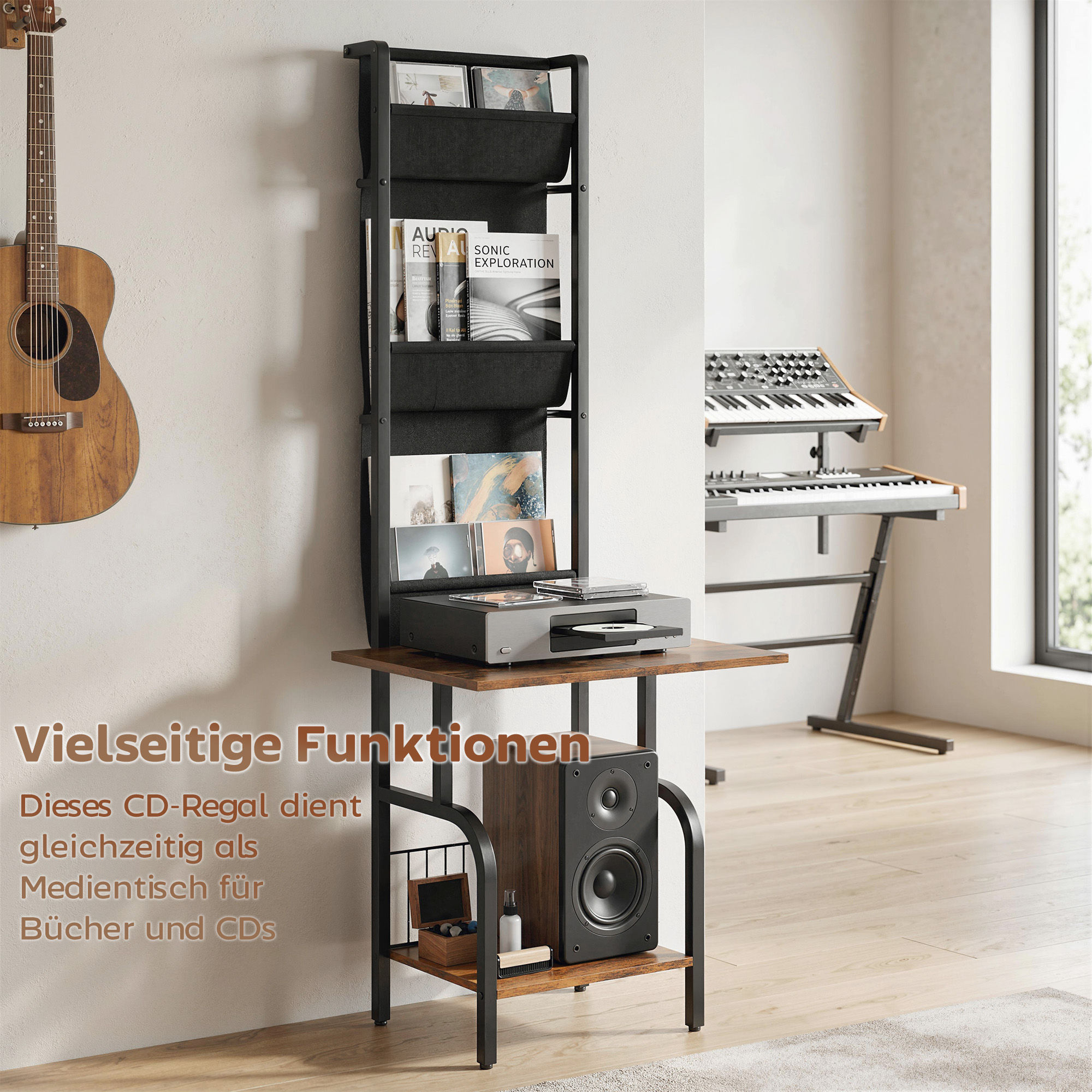 CD-Regal, CD-Aufbewahrung, DVD-Ständer mit 3 Stofftaschen und Tischplatte, Rustikale Holzoptik in Braun