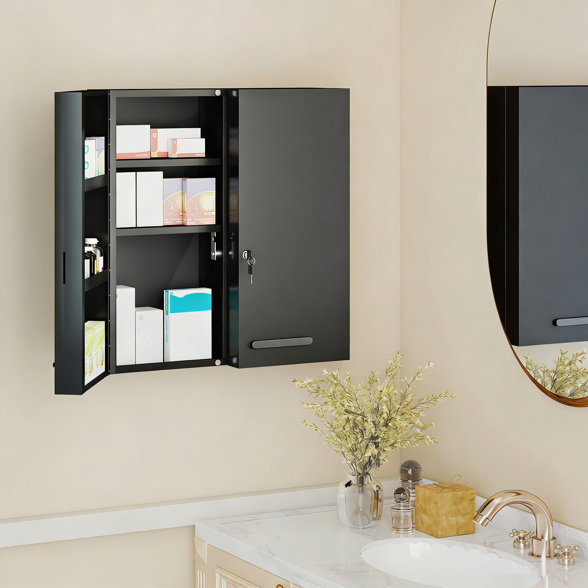 Medizinschrank, abschließbarer Medikamentenschrank mit 2 Türen und 6 Regalen, Schwarz