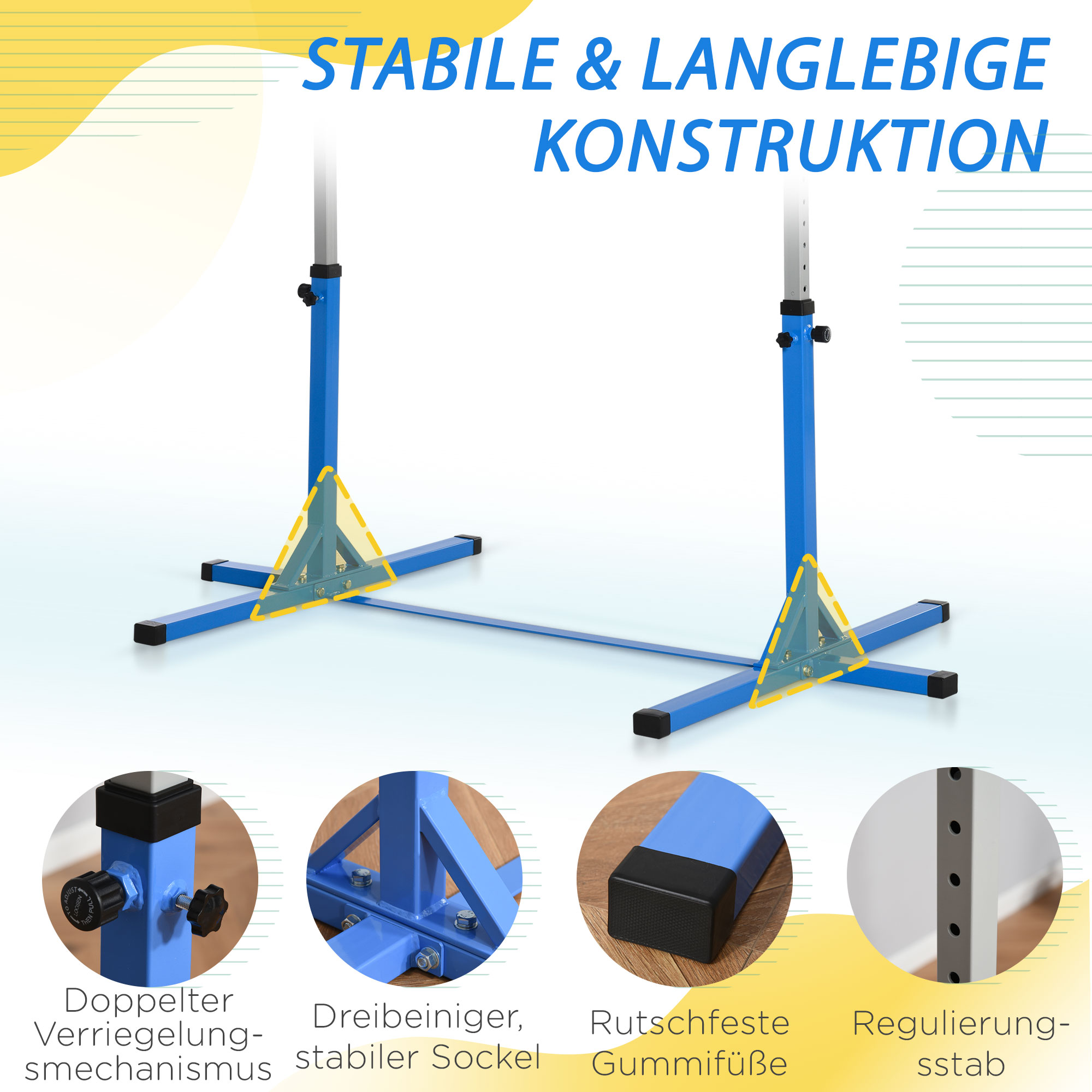 Gymnastik-Turnreck, 13-stufig höhenverstellbar Reckstange, Reck Turnstange aus Holz & stabile Stahlkonstruktion bis 75 kg belastbar, für 3+ Kinder, Indoor, Outdoor, Blau