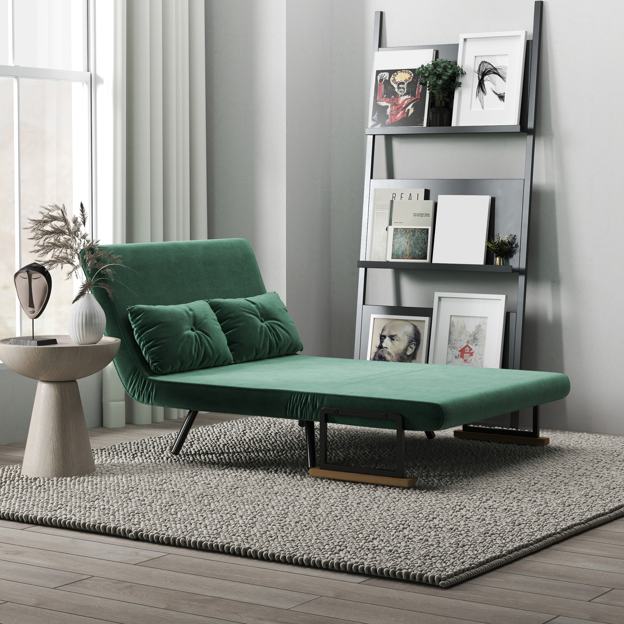 Schlafsofa 2er-Sofa Samtsofa, Schlaffunktion, inkl. 2 Kissen, Samtoptik, Natur + Grün