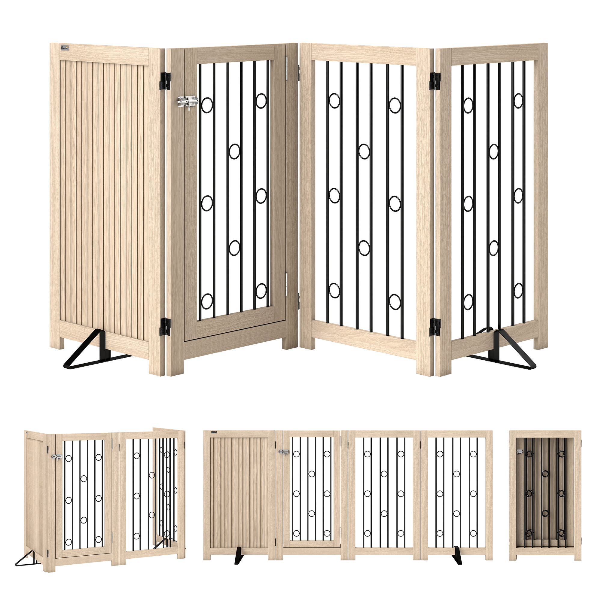 Freistehendes Haustiertor, Hundegitter mit Tür, 4 Paneele, für Flur, Treppe, Türrahmen, MDF, Stahl