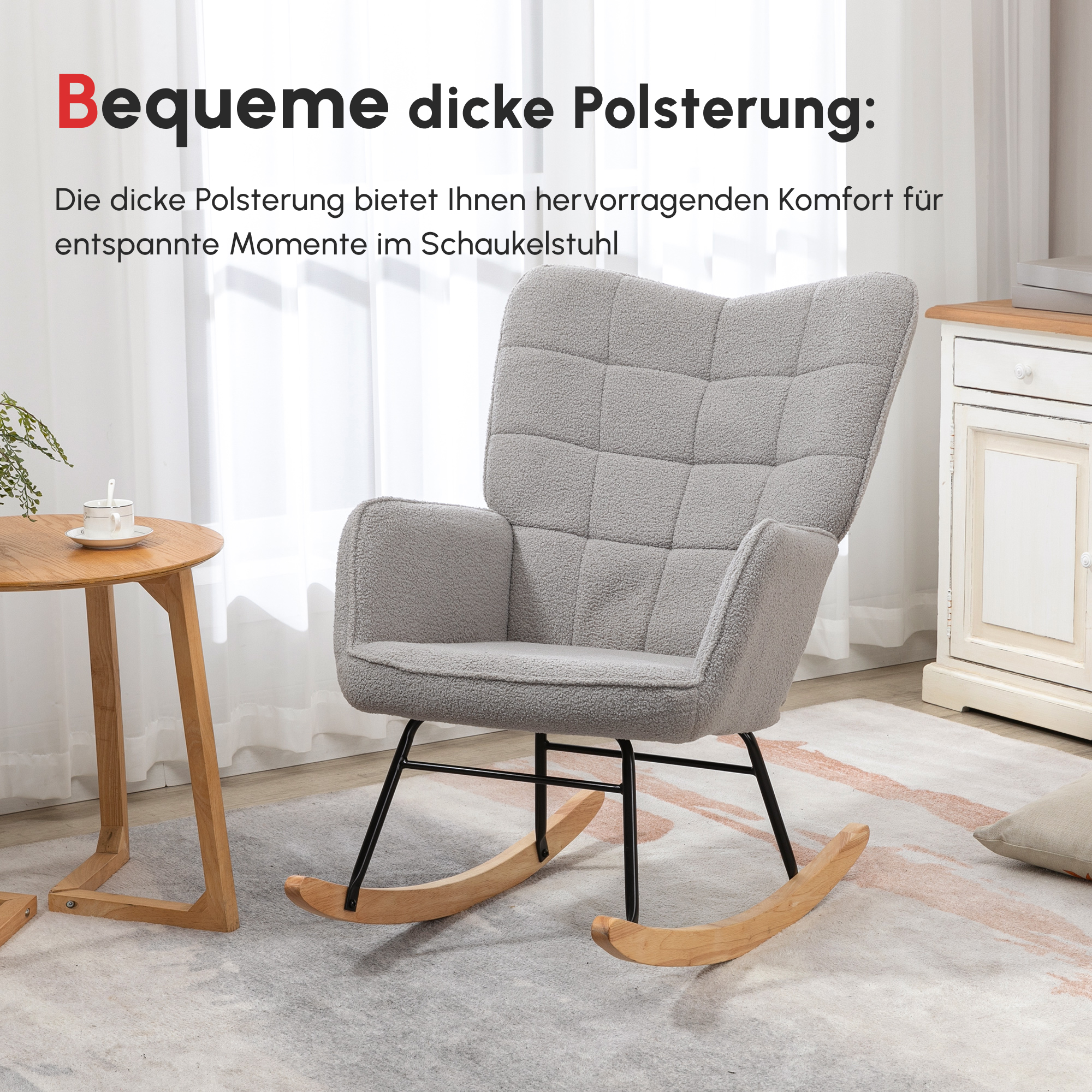 Schaukelstuhl im Retro-Design, Massivholz, Schwingsessel, 71 cm x  92 cm x 101 cm, Hellgrau