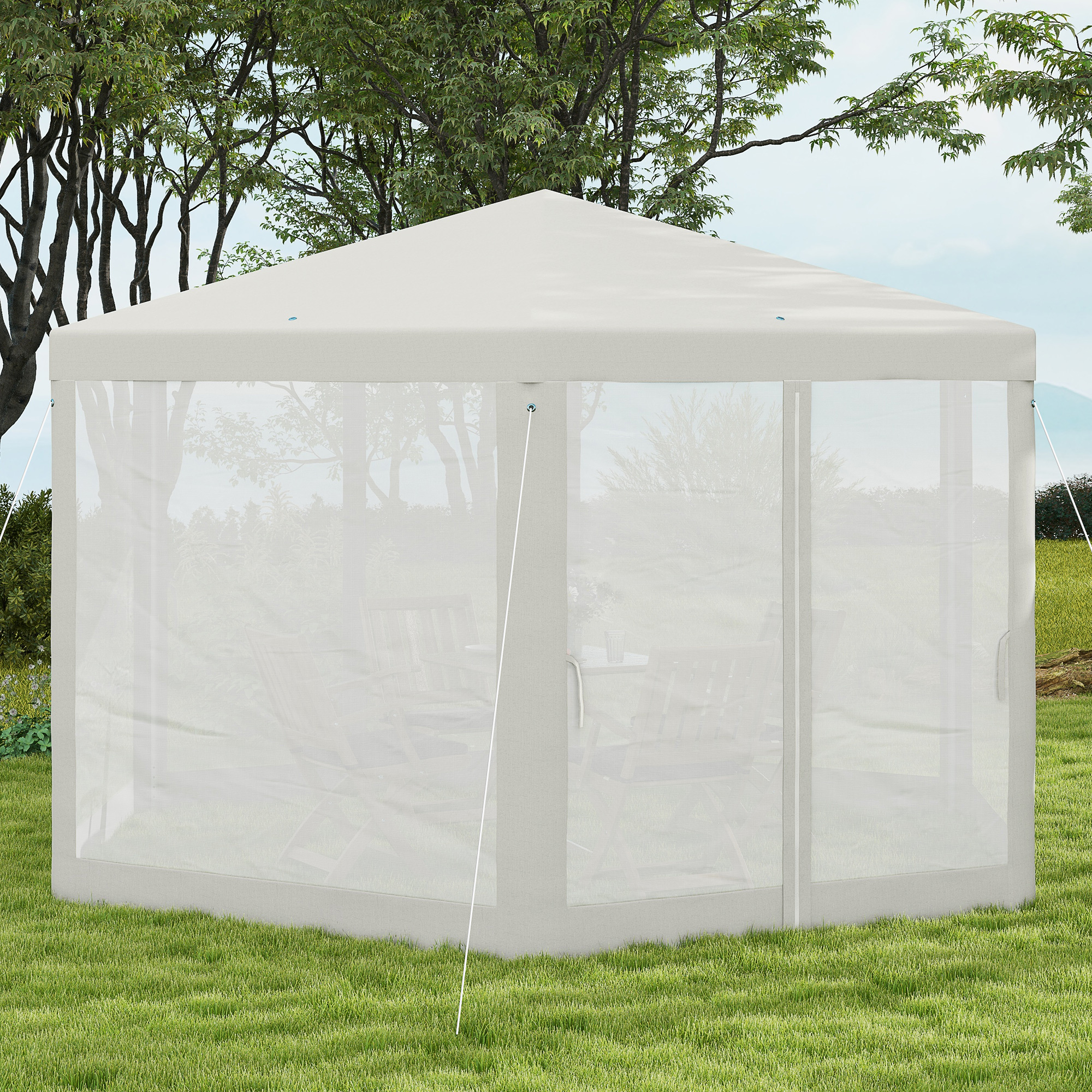 Gartenpavillon, 6-eckig, Netzvorhänge, Metallgestell, 3,94x3,412x2,5m, Creme