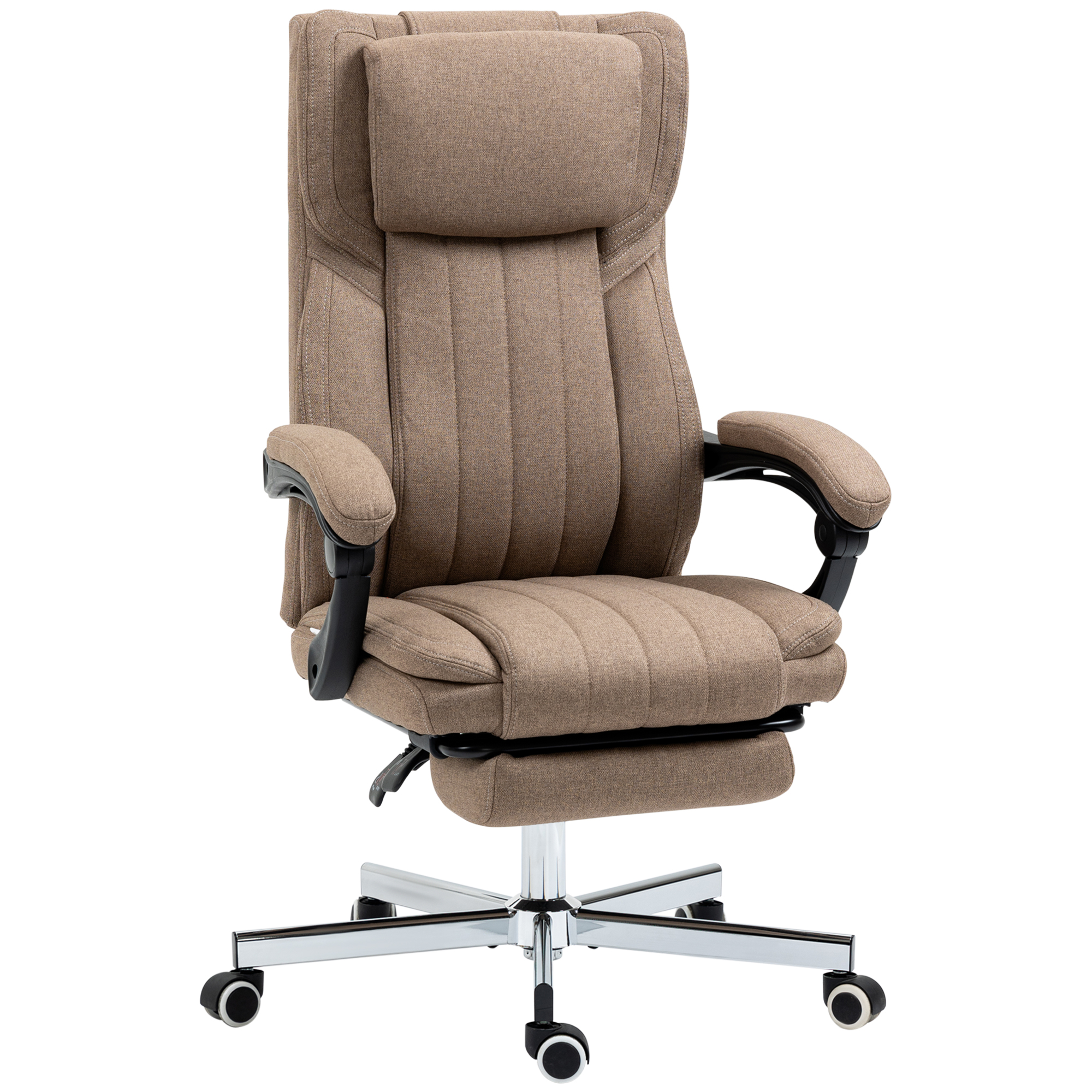 Bürostuhl mit Massagefunktion, neigbare Rücklehne, ausziehbare Fußstütze, Leinenoptik, 65 x 61 x 118 cm, Braun