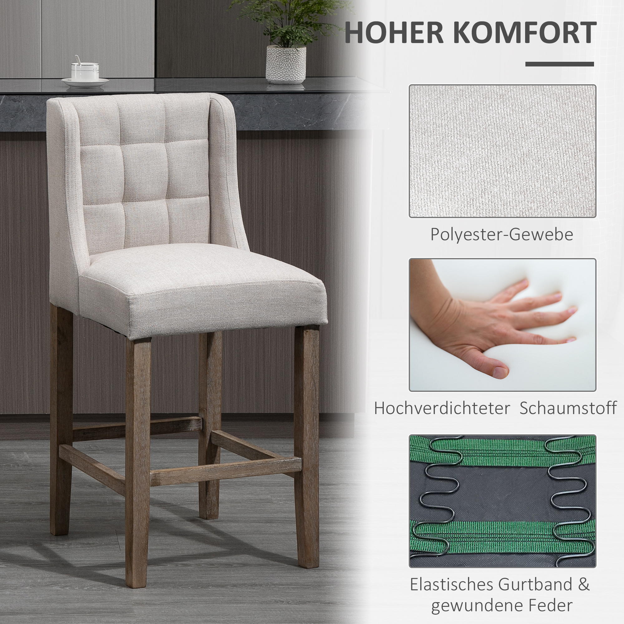 2er-Set Barhocker mit lehne Barstühle mit Knopfheftung, Massivholz, inkl. Fußstütze, 47 cm x 50 cm x 101 cm, Grau + Natur
